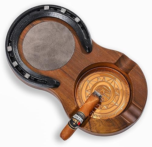 LINOVINO Cenicero de madera para cigarros, bandeja de vidrio para whisky y diseño de herradura hecho a mano, accesorios para cigarros con 3 ranuras