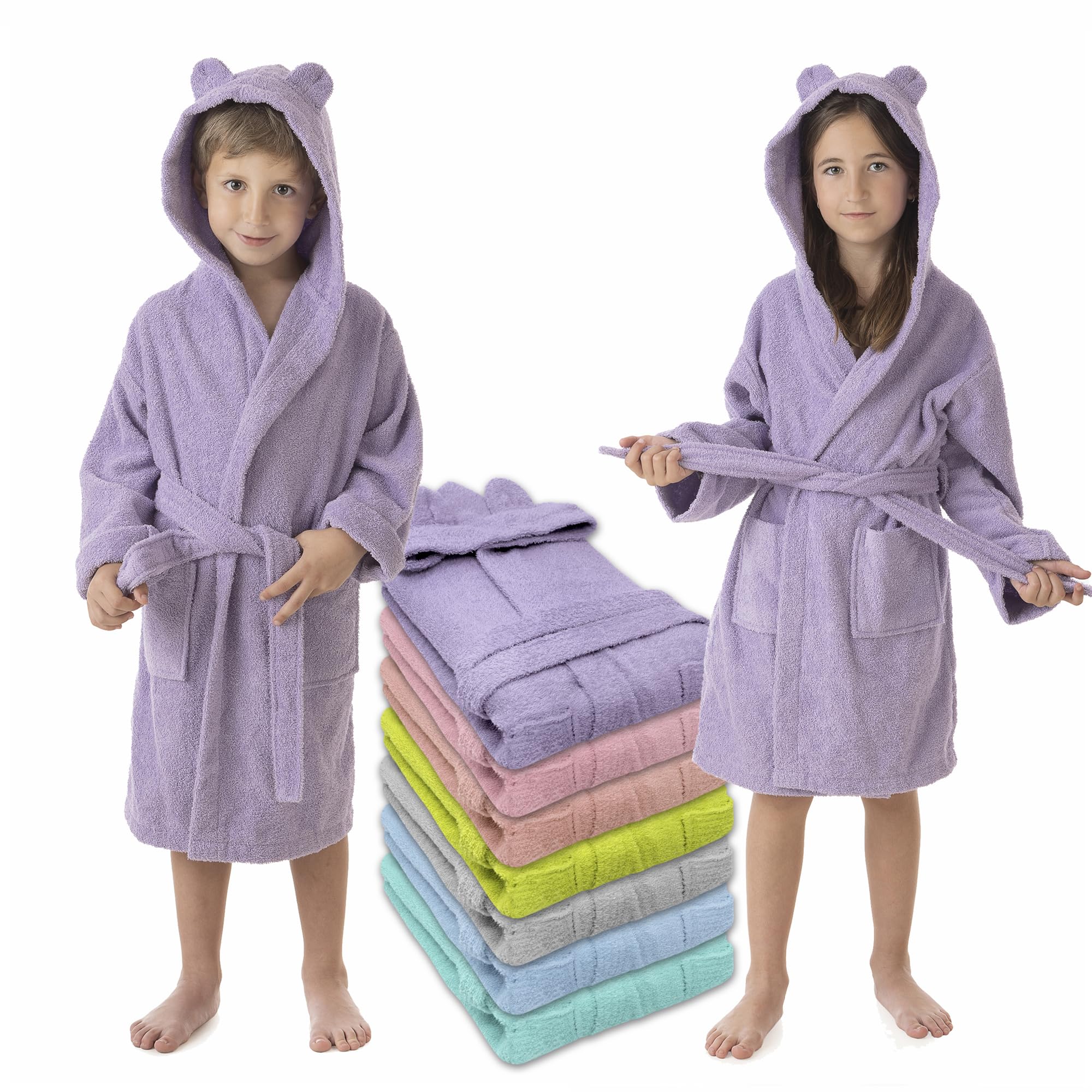 LEBENGOOD Bademantel für Kinder, Mädchen, Unisex, Kinder mit Ohren, 100% Baumwolle, Oeko-Tex®, 2 Taschen, Gürtel, Kapuze