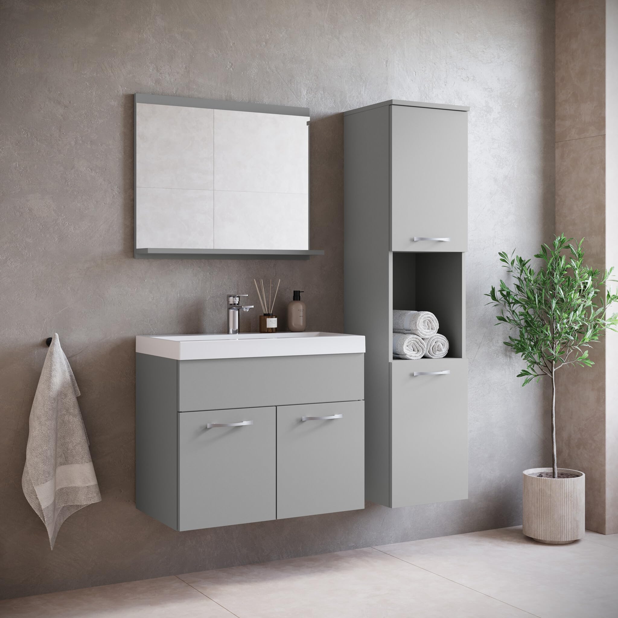 Badplaats B.V. Mueble de baño Montreal 30 x 30 x 131 cm – Gris Mate – Mueble de Pared con 2 Puertas