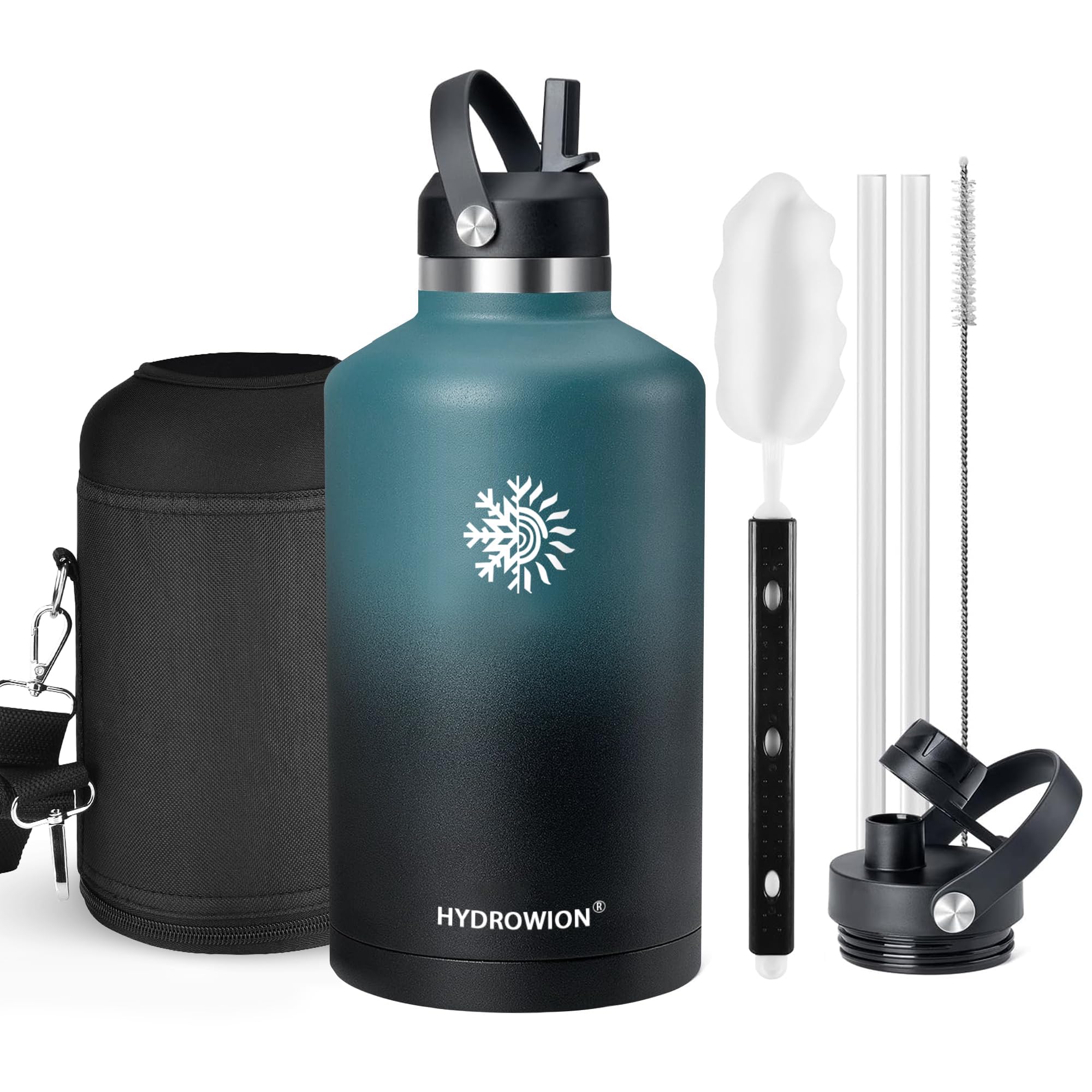128oz Insulated Water Bottle, Triple Wall Vacuum Stainless Steel Bottle, 48H Cold & 24H Hot, Leak-Proof BPA-F Jug with Straw & Spout Lids for Sports & Outdoor Deep Blue & Black 128 Ounces