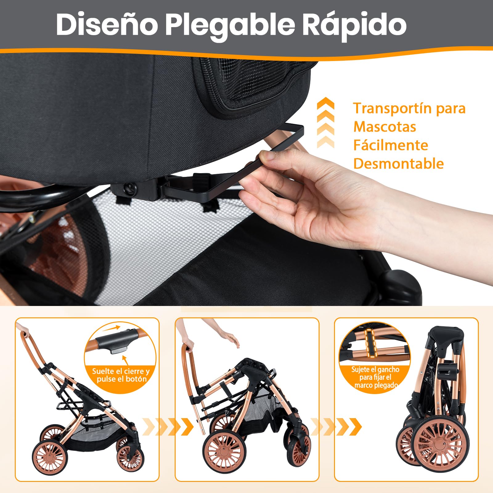 COSTWAY Cochecito para Perros 3 en 1, Carrito para Perros Plegable con Transportín Removible, Sombra Solar, Almohadilla Extraíble, Cinturón de Seguridad, Cesta y Portavasos, Carro Mascotas, Carga 25kg