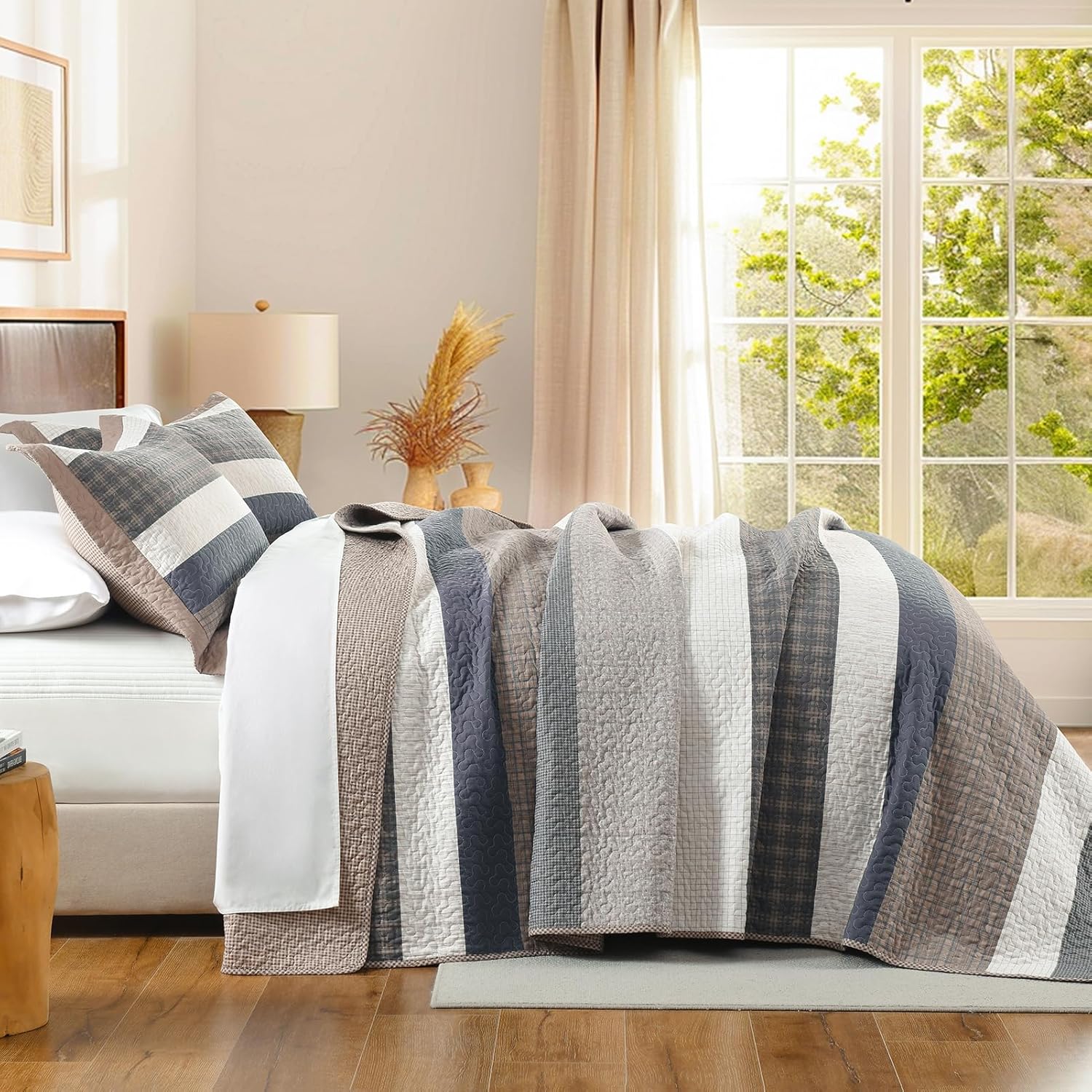 Finlonte 100% Cotton Quilt Set, Striped Farmhouse Reversible Lightweight Quilted Bedspreads, 3-Piece, Brown/Cream/Beige/Gray, King Size - Image 3