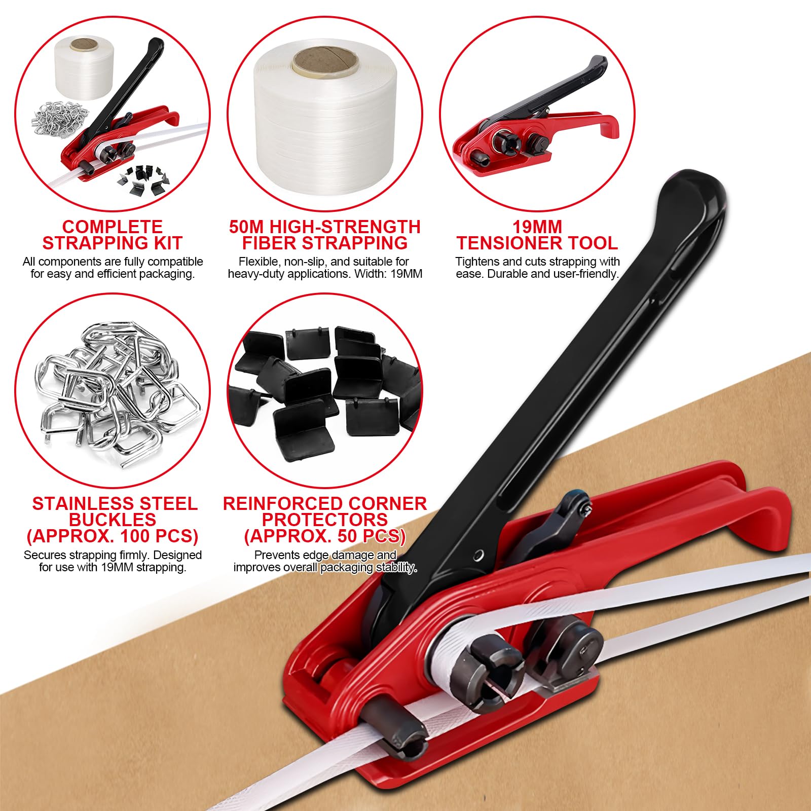 Manuelle Umreifungsset, Manuelle Umreifungsgerät Set,Umreifungsset mit Spanngerät (50M Flexible Polyesterfaserbände + 100 Metallschnallen + 50 Verpackungsecke)