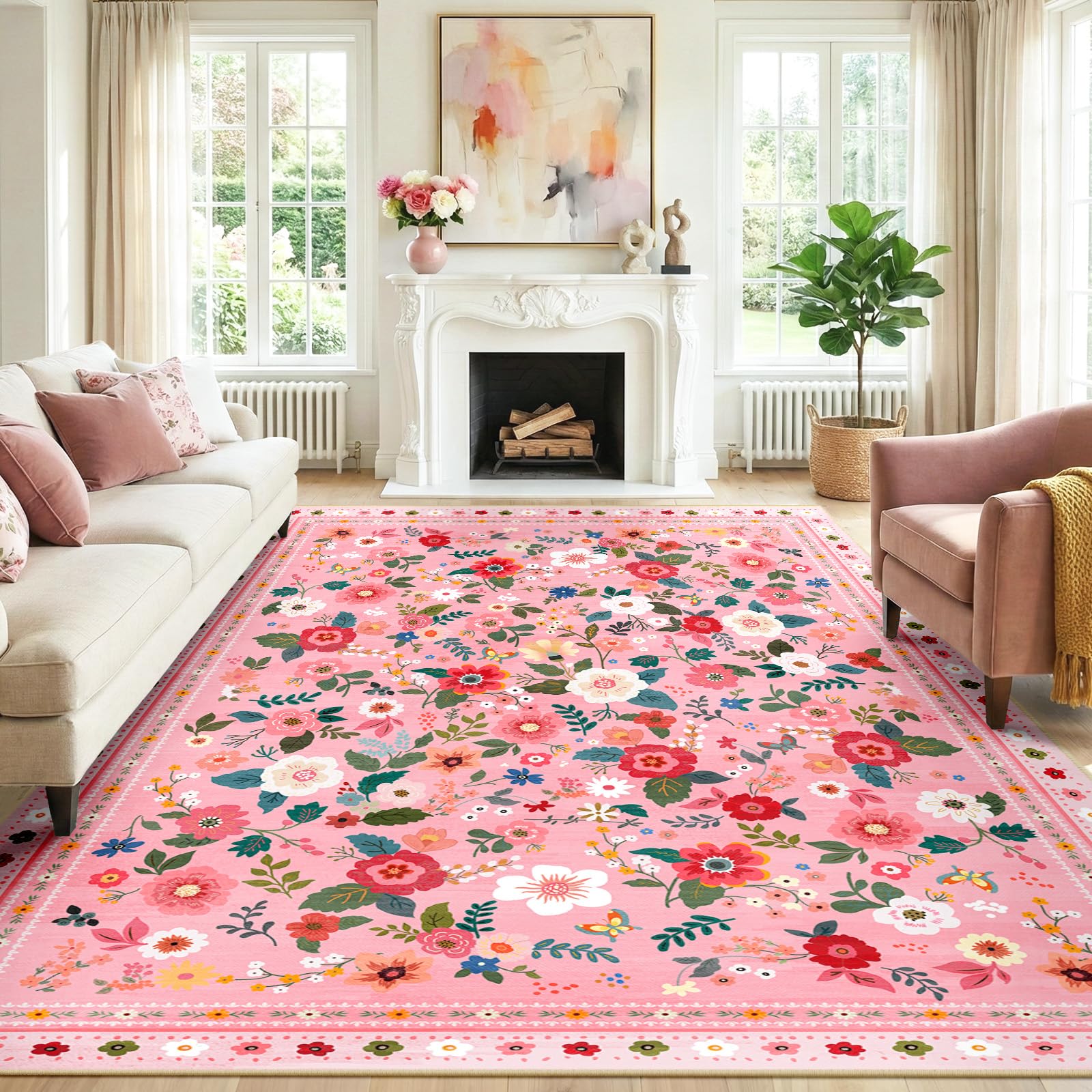INOVADAY Washable Rug Floral Print 200x300 cm Pink Living Room Rug — image 1
