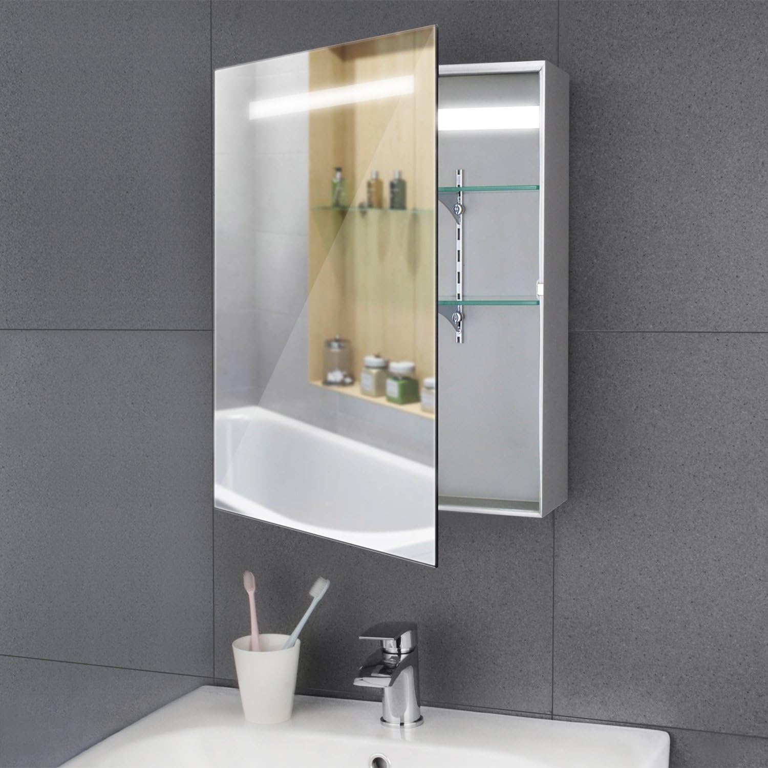 Hapilife LED Mirror Cabinet Illuminated Bathroom Mirror with Sensor Switch, Demister Pad, LED Light Wall Mount 390 x 500mm