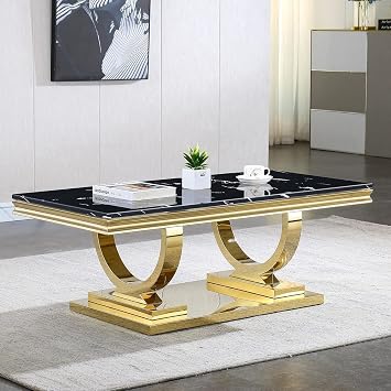 46.85" Rectangular Black Marble Coffee Table, Faux Marble Living Room Table Center with Stainless Steel Metal Base, Mid Century Modern Coffee Table, Luxury Gold Cocktail Table