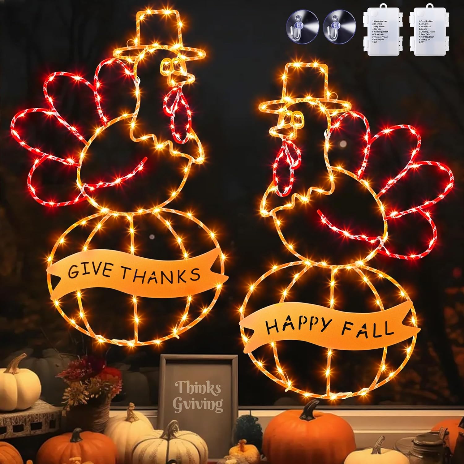 2 Pcs Large Thanksgiving Window Lights Turkey Decorations, 17" Fall Decor Window Lights, LED Turkey Pumpkin Light 2026 Thanksgiving Decor with Timer & 8 Mode & Battery Operated, Fall Light for Home