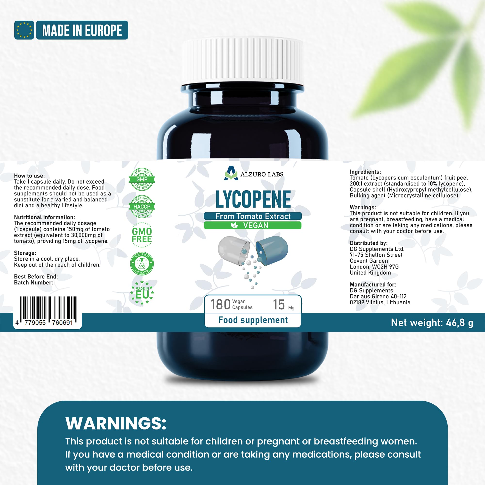 Lycopène 15 mg | extrait de tomate 200:1 standardisé à 10% | 180 gélules végétales | soutien antioxydant | BPF & testé par un laboratoire indépendant