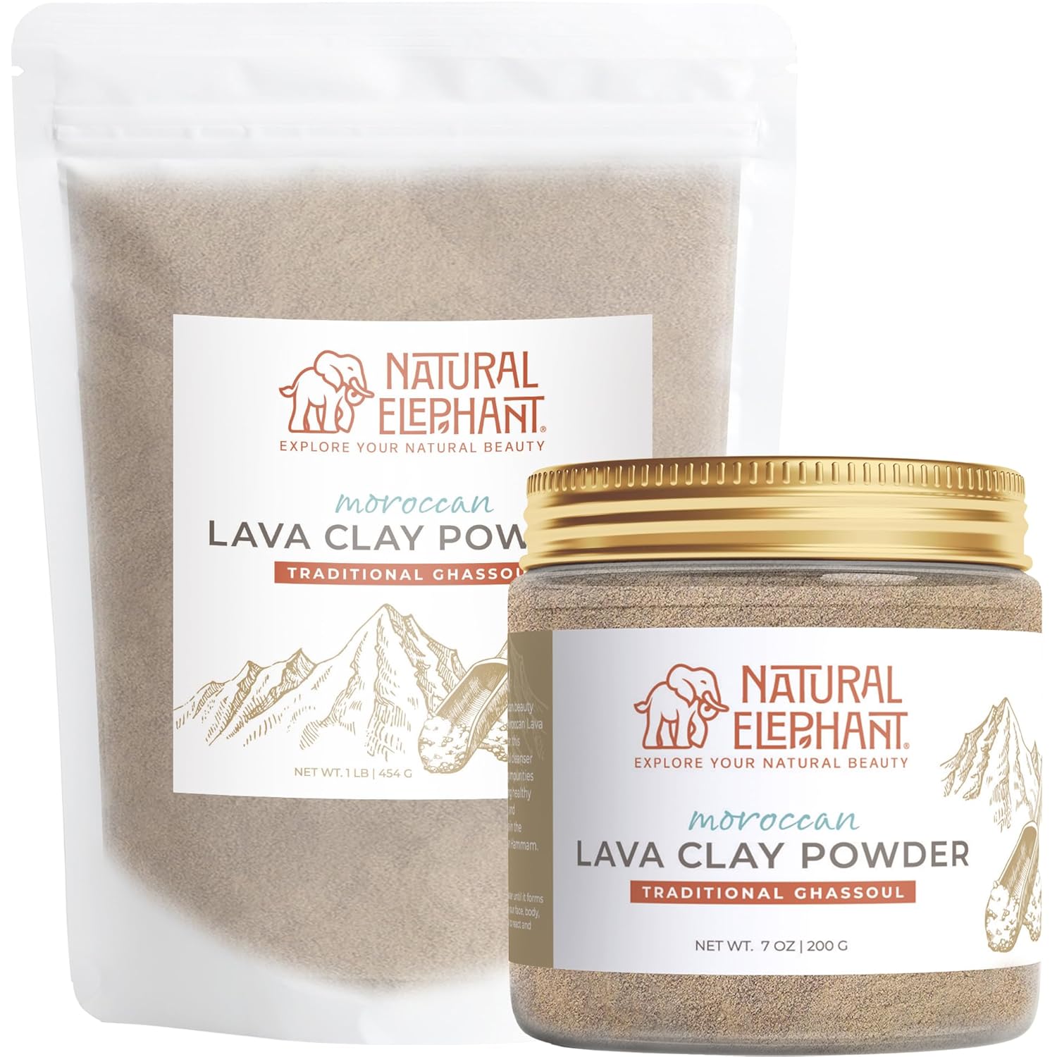 Natural Elephant Ghassoul (Rhassoul) Moroccan Lava Clay Powder | 100% Pure & Natural Face & Body Mask Powder | 200g Jar and 1lb Bag Refill