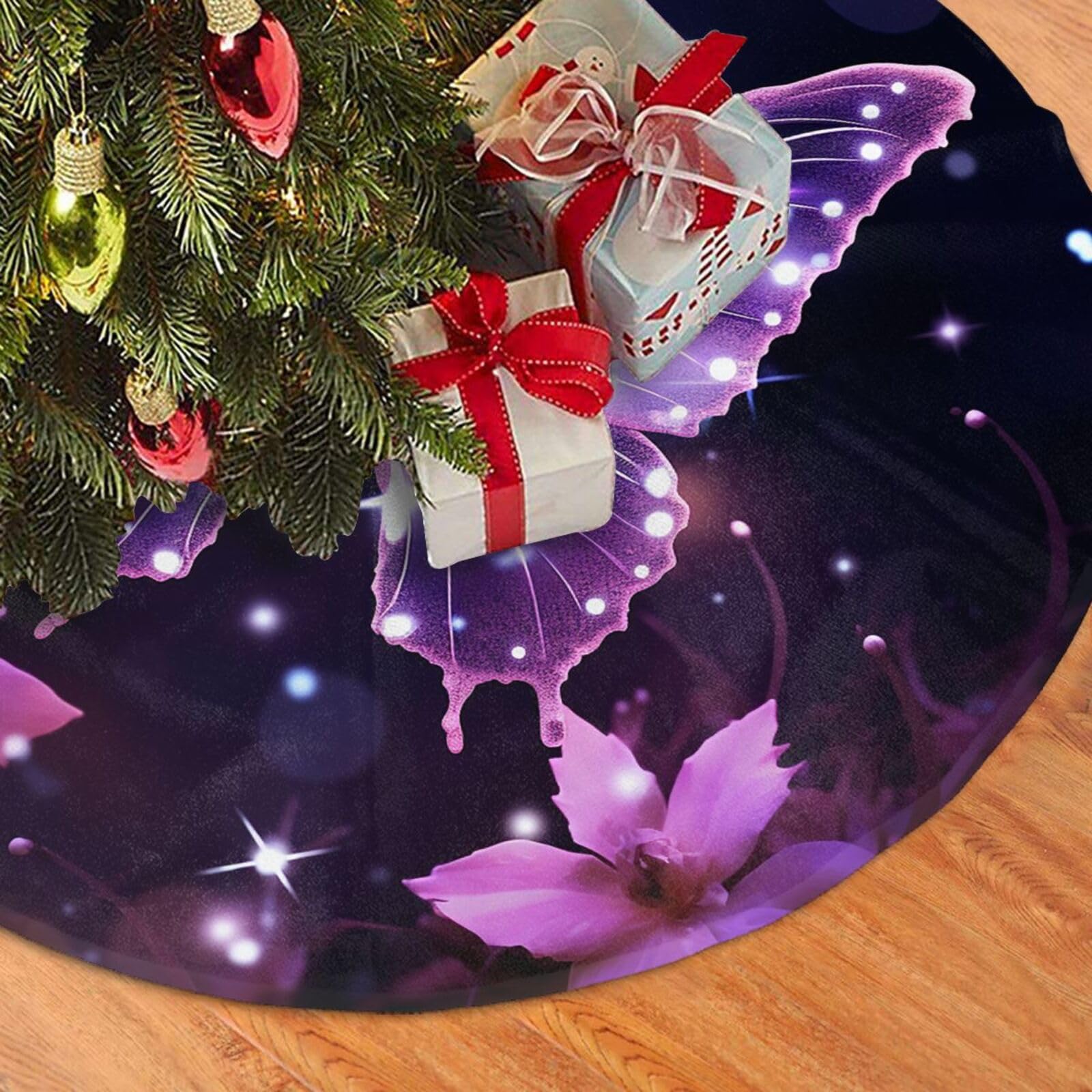 Fodpand Black Cute Purple Butterfly Christmas Tree Skirt 48" Velvet Xmas Tree Skirt Mat Rustic Christmas Tree Mat Cover Winter Xmas Tree Collar For Indoor Outdoor Christmas Decorations