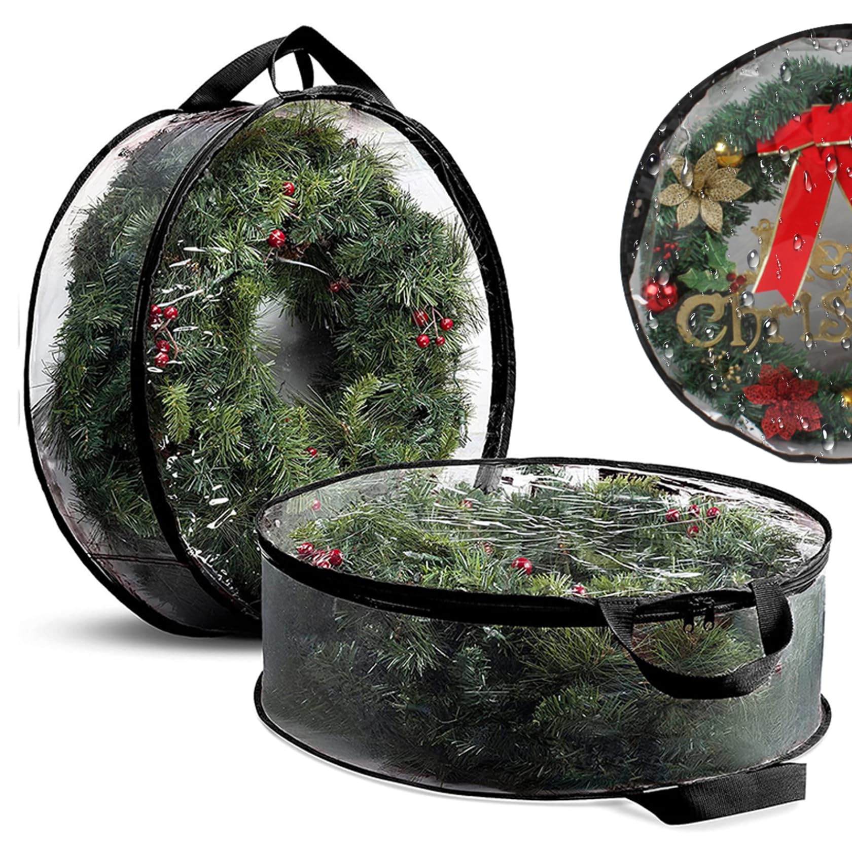 Grsrkep Wreath Storage Container 24'' 2Pcs Clear Christmas Wreath Storage Bag with Reinforced Handles Zippered Xmas Garland Container for Xmas Thanksgiving