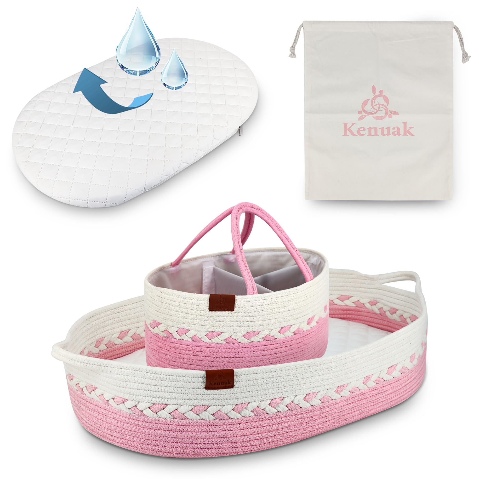 Kenuak® Portable Diaper Changing Basket with Waterproof Mattress, Baby Basket for Newborn, Original Accessories for Birth Registry, Foldable Nest (Pink) — image 1