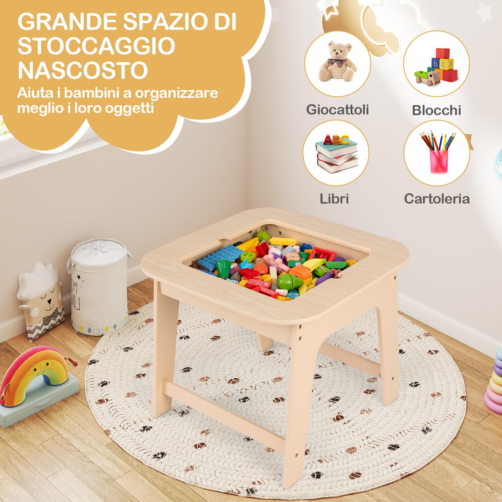COSTWAY Set Tavolo e 2 Sedie per Bambini, con Lavagna Reversibile, Tavolo Multiattività con Vano Portaoggetti Nascosto e Sedie, per Bambini da 3-6 Anni, per Cameretta e Soggiorno (Giallo)