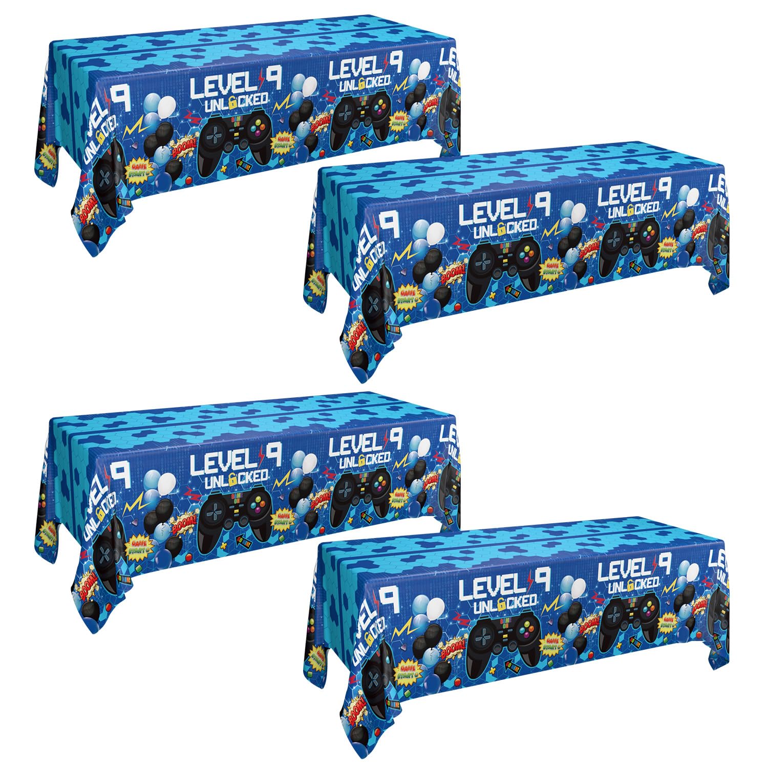 PIXHOTUL 4 Pcs Video Games Party Tablecloths, 9th Birthday Decorations Boy Level 9th Up Blue Plastic Table Cover for Boy Level 9 Unlocked Video Game Birthday Party Supplies
