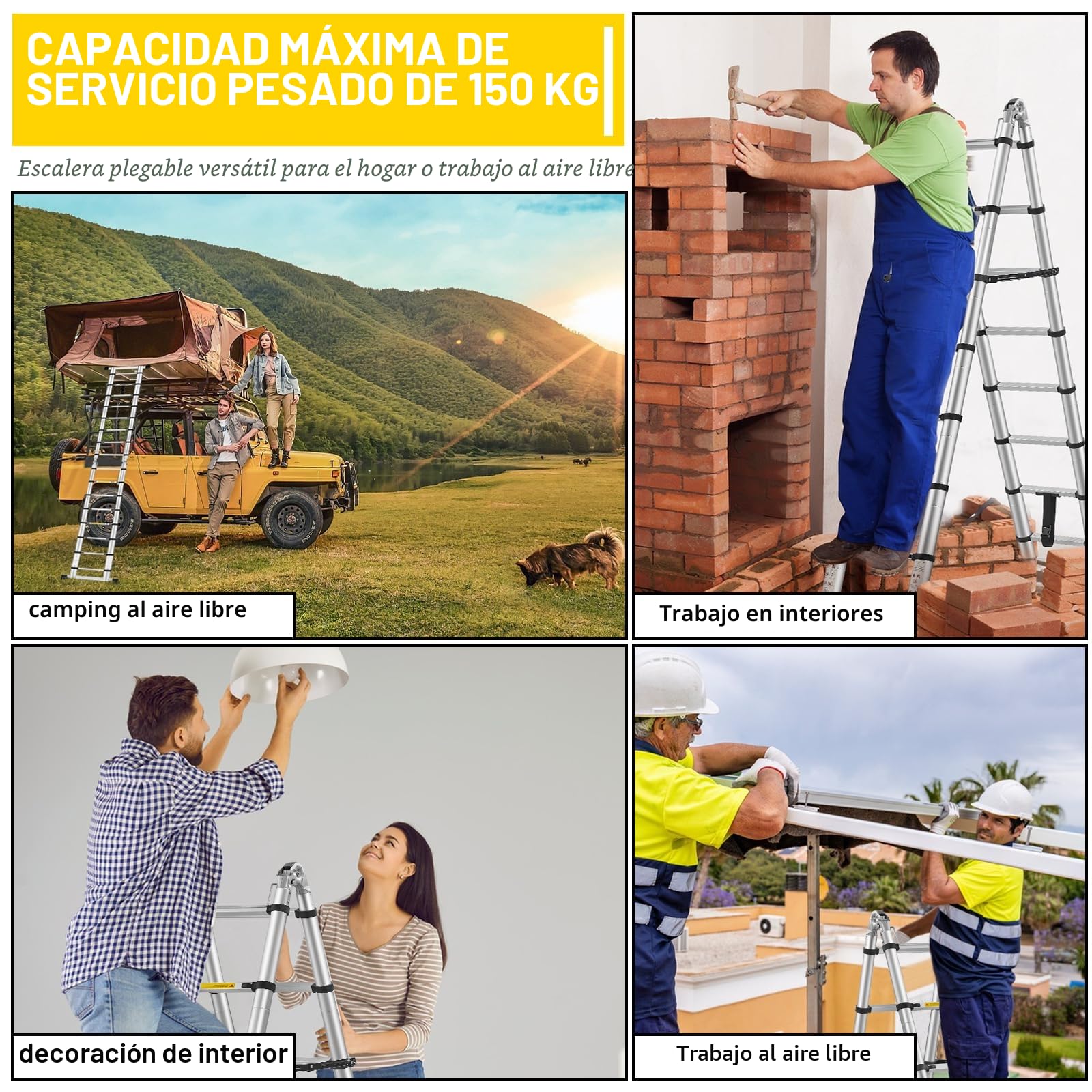 STANEW Escalera Telescópica de (2.5+2.5) m de Aluminio, Plegable, Reposabrazos Extraíble, Multifunción Portátil Plegable Extensible, Carga Máxima de 150 kg