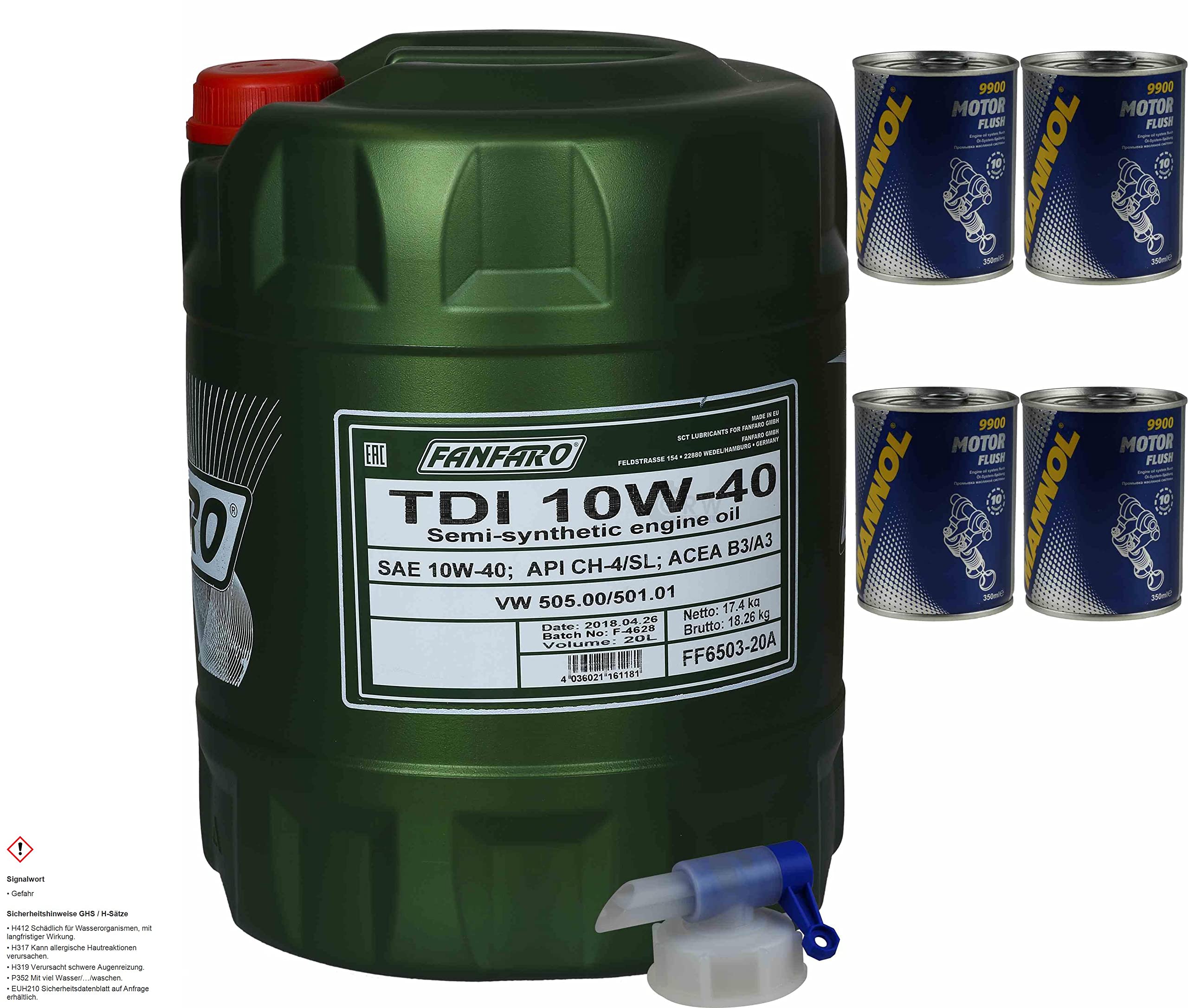 Aceite de motor Fanfaro TDI 10W-40 4 x Mannol motor Flush aditivo 20 l