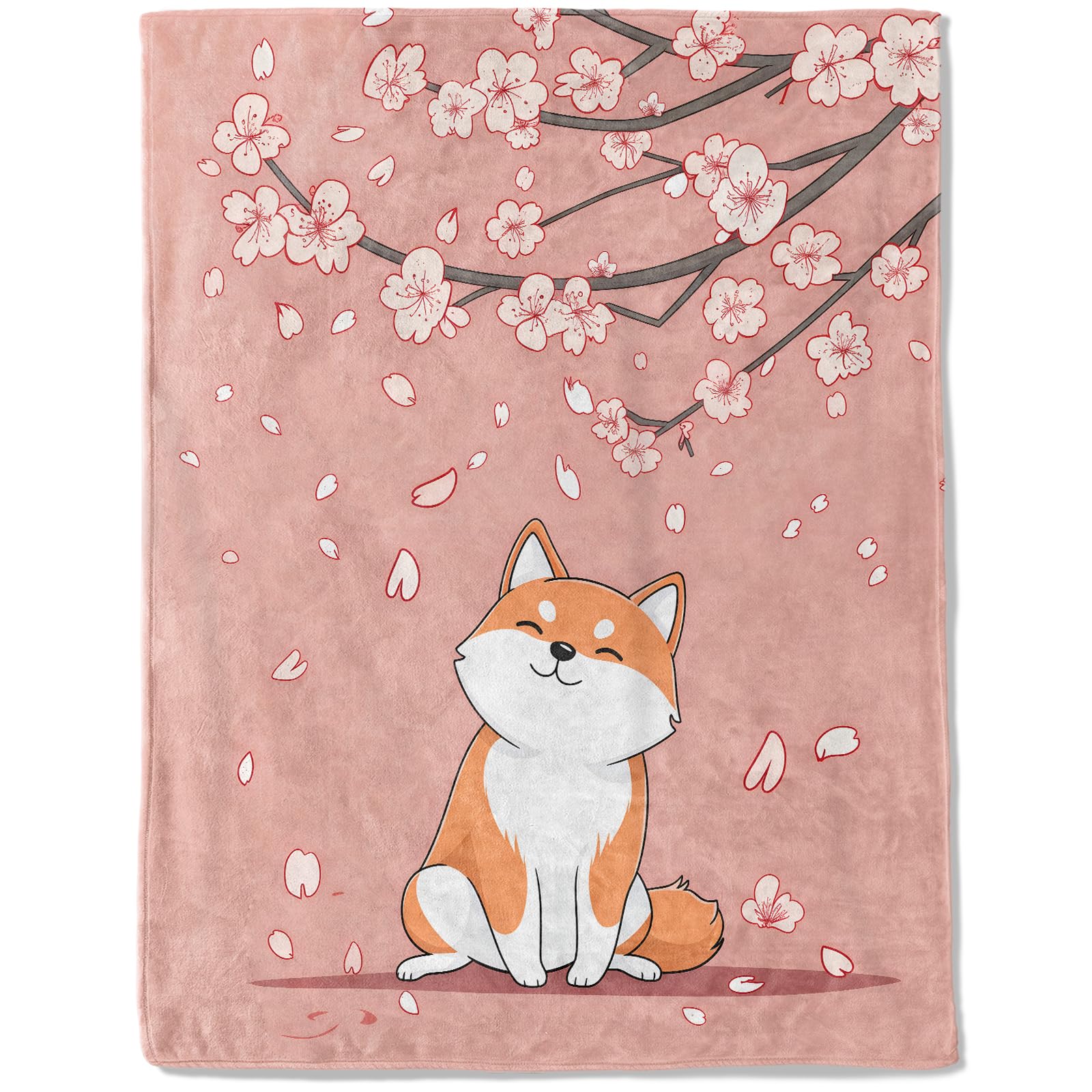ainori Shiba Inu Flannel Blanket - Lightweight Soft Cozy Gifts Blankets for Dog Lovers, Kids, Women, Cute Pink Cherry Blossom Art Japanese Puppy Style