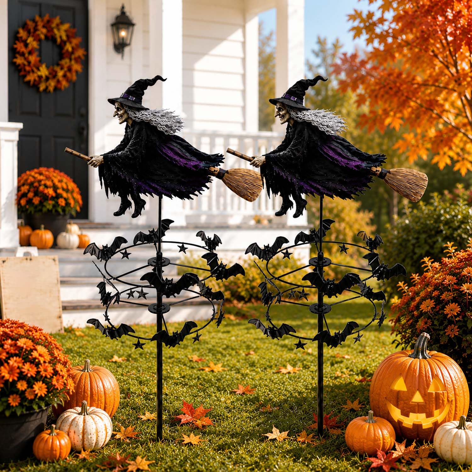 Encantador Molinillo Viento JardíN con Bruja Voladora Y MurciéLago，2 PCS | DecoracióN Halloween Metal Clavar El Suelo,Arte GóTico Exteriores,DecoracióN OtoñAl Para CéSped,Patio O Camino
