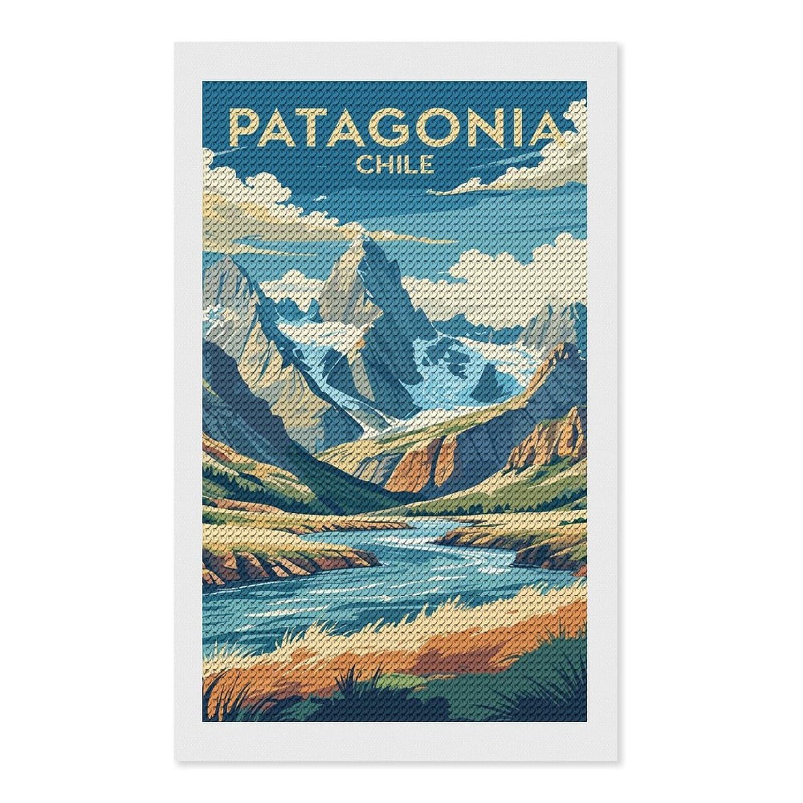 Junmoney Patagonia Chile Landscape Illustration Diamond Painting Canvas Set 12"x20", Easy to Enjoy, Adhesive Canvas, Office Decor, Holiday Gift Idea, with Tool Kit