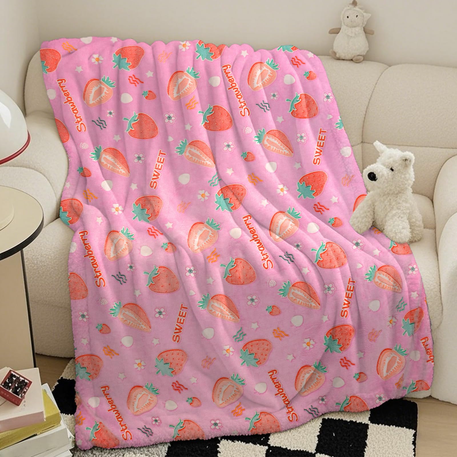 LXTOPN Cuddly Blanket for Children Girls Blanket Glow in the Dark Children's Blanket with Strawberry Pattern Fluffy Blanket Gift for 3 4 5 6 7 8 9 Years