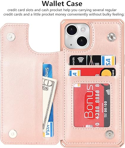 Miniatura 5 de iCoverCase Funda tipo cartera para iPhone 13 con ranuras para tarjetas bloqueo RFID en relieve de piel sintética de alta calidad con función atril