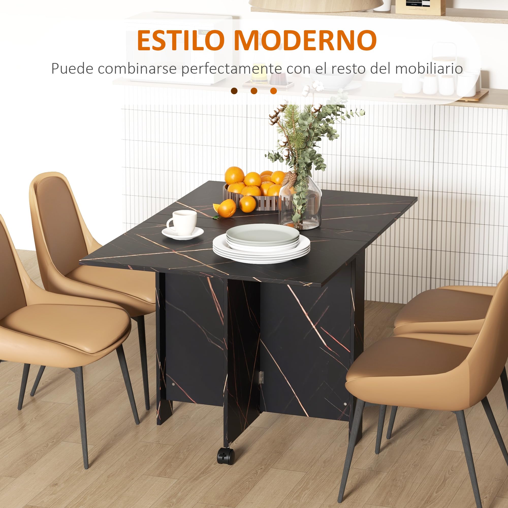 HOMCOM Mesa Plegable de Comedor Ruedas 120x80x73 cm Negro con Efecto Mármol | Mesa de Cocina Plegable, Alas Abatibles, Hasta 6 Personas, para Salón, Espacio Pequeño
