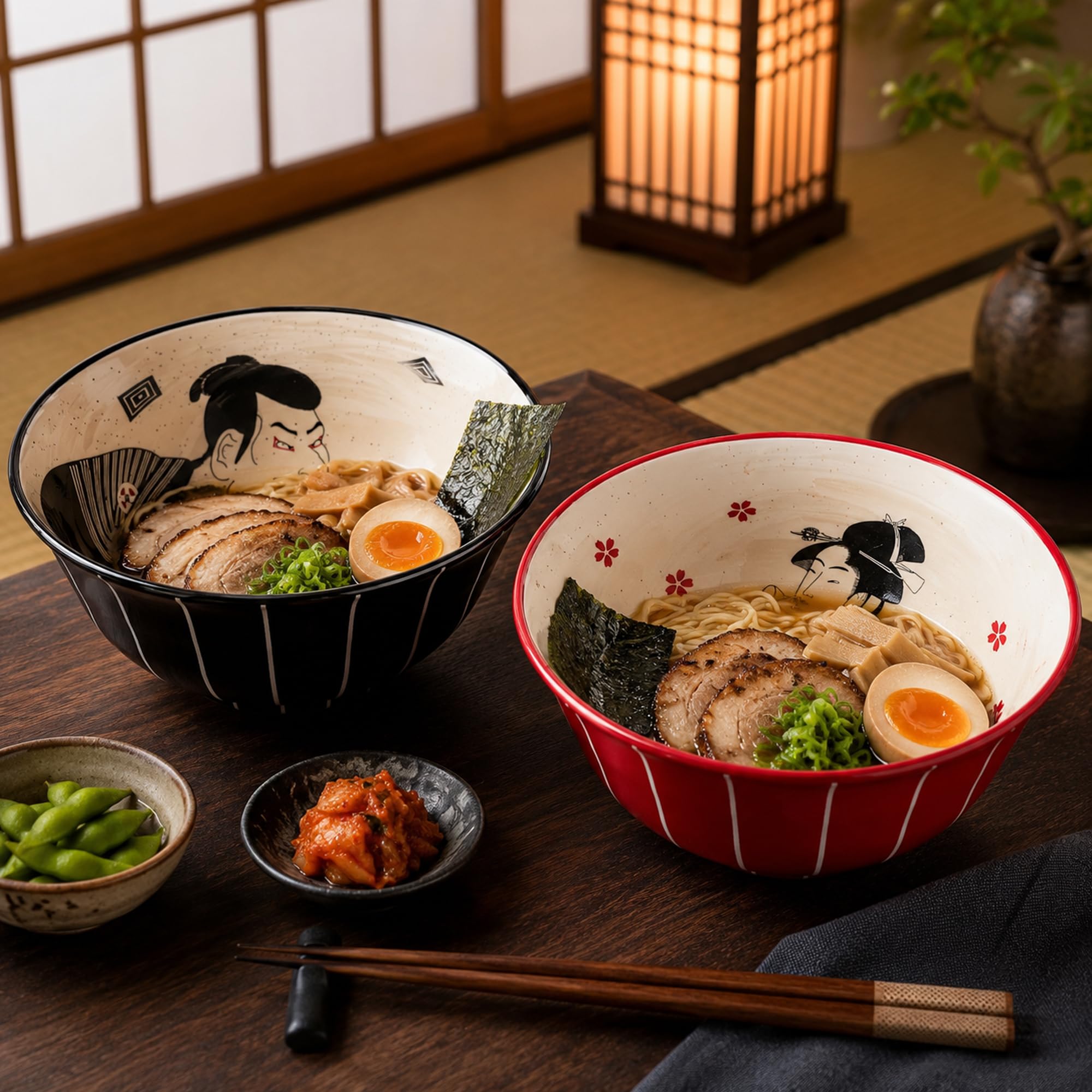 BICETTO Ramen Schüssel-Set, 2-teilig, Porzellanschalen, 1,3 l, Samurai