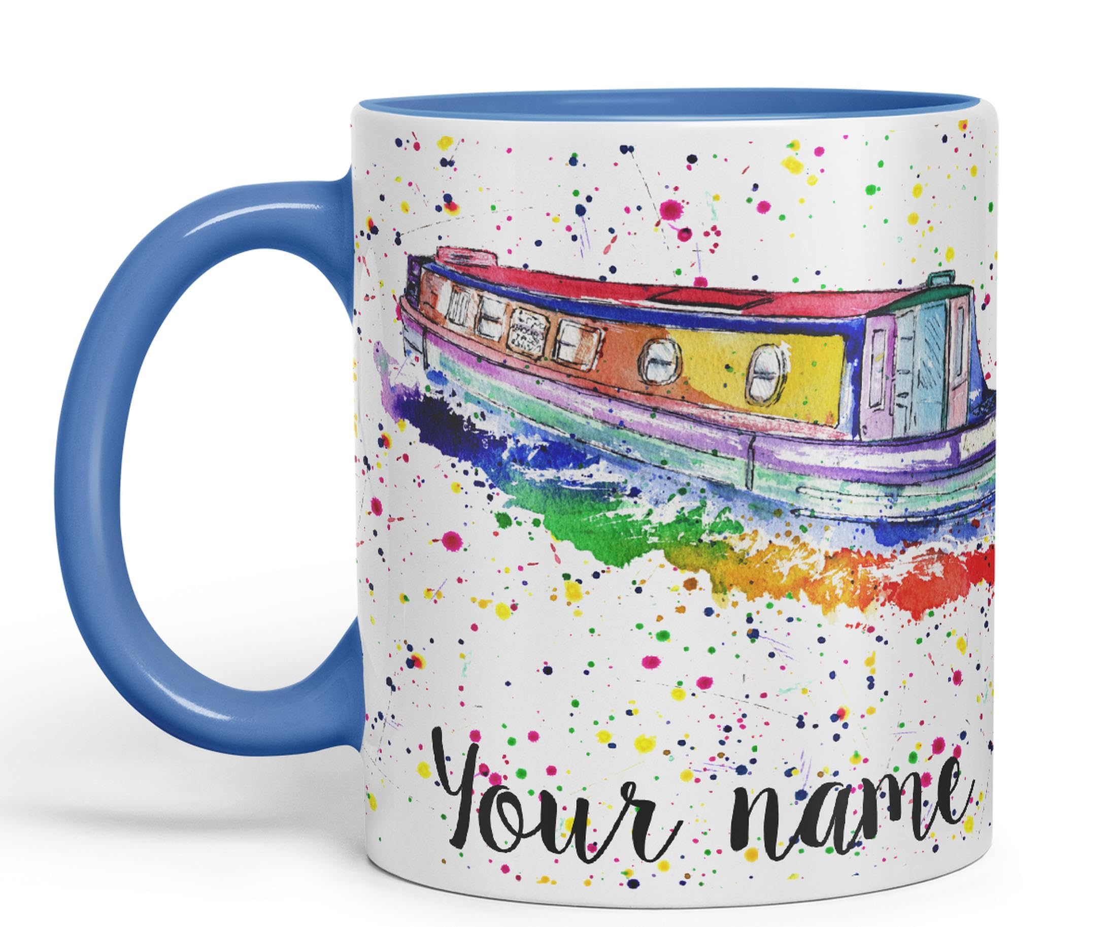 Vixar Personalised with Your Text Narrowboat Canal Boat Watercolour Art Coloured Ceramic Mug Cup Gift 330ml 11oz Custom Work Office Tea Coffee (C Blue)