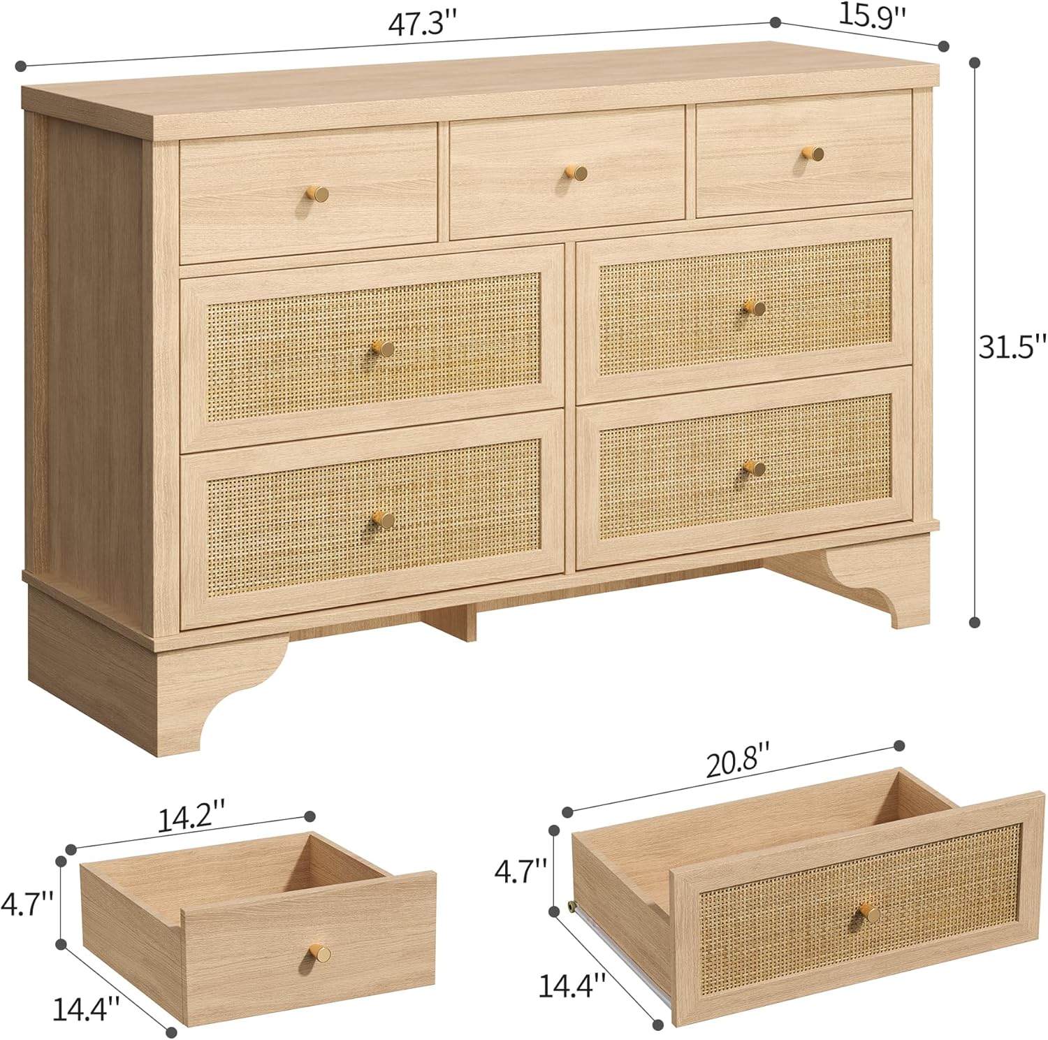 IDEALHOUSE 7 Drawer Dresser for Bedroom, 47.3" Wide Natural Rattan Chest of Drawers, Wood Boho Clothing Storage Organizer, Dresser TV Stand Cabinet for Living Room, Oak