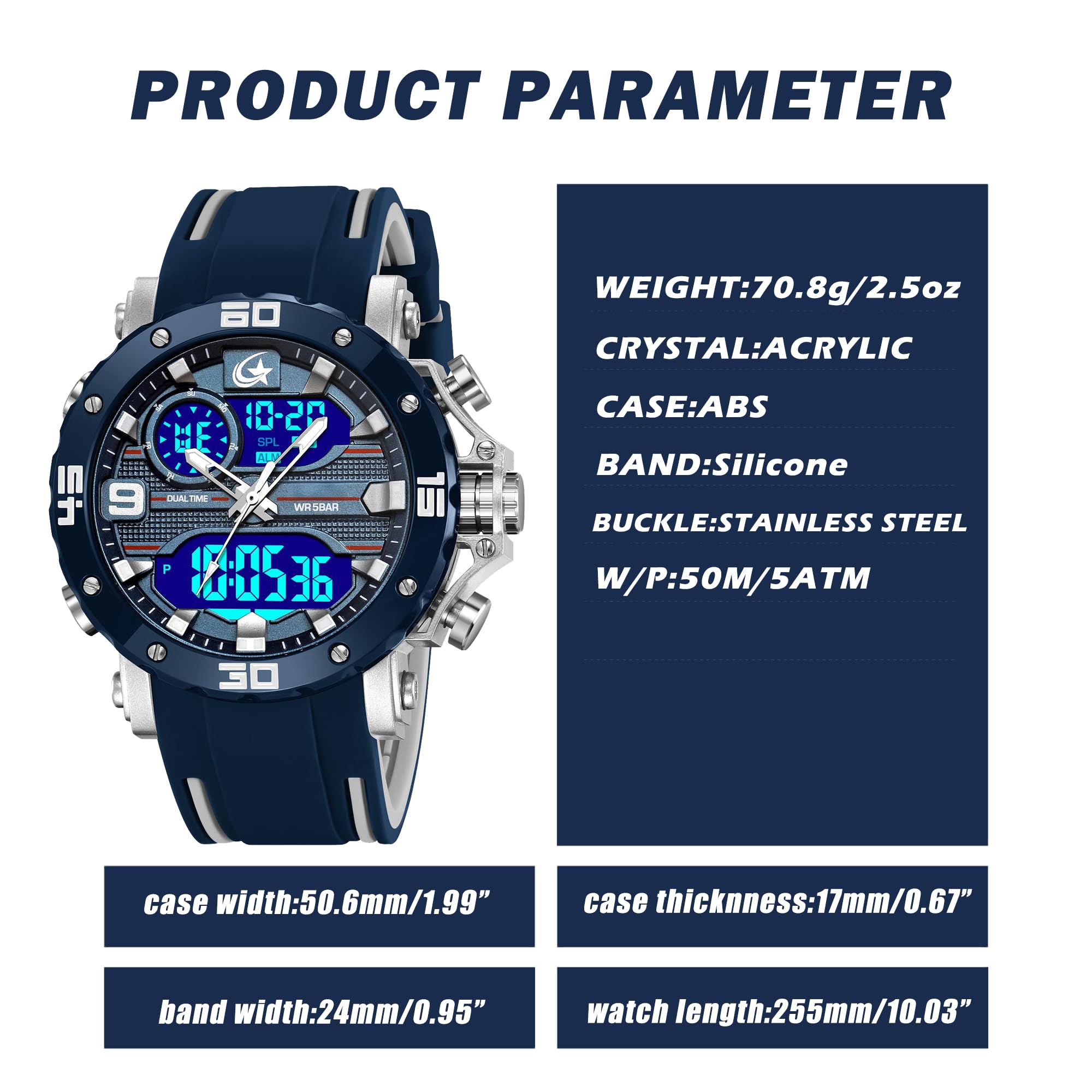 findtime Orologio da uomo digitale analogico sportivo, quadrante unico, sveglia, cronometro, conto alla rovescia, tattico, da uomo, orologio da corsa in silicone