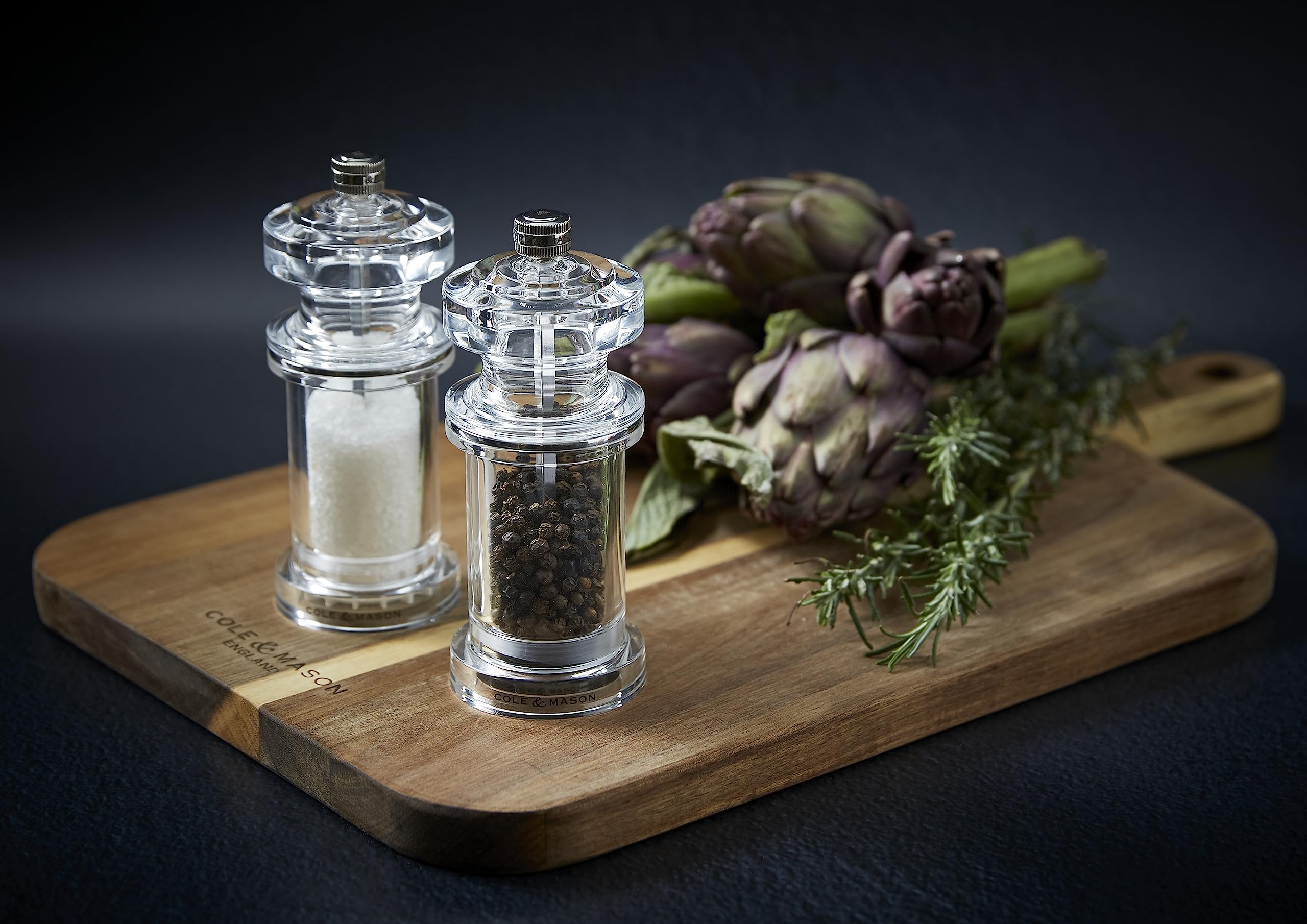 Cole & Mason 605 Salz und Pfeffermühle Set, Einstellbarem Keramikmahlwerk | Gewürzmühle, Precision+ verstellbarer Mahlgrad, Langlebiger Acryl/Edelstahl, Lebenslange Mechanik-Garantie, Geschenk Set