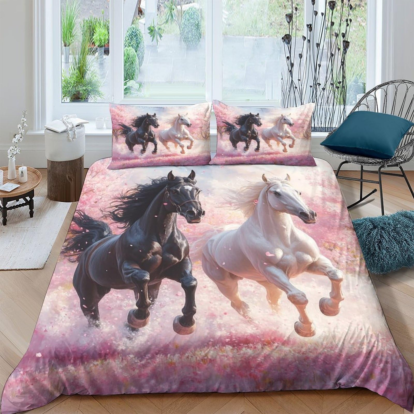 Ctjqhvkz Style-4 3D Printed Running Black Horse Fitted Sheet Microfiber Soft Bedroom Decor White Horse Mattress Cover Single（135X200cm）
