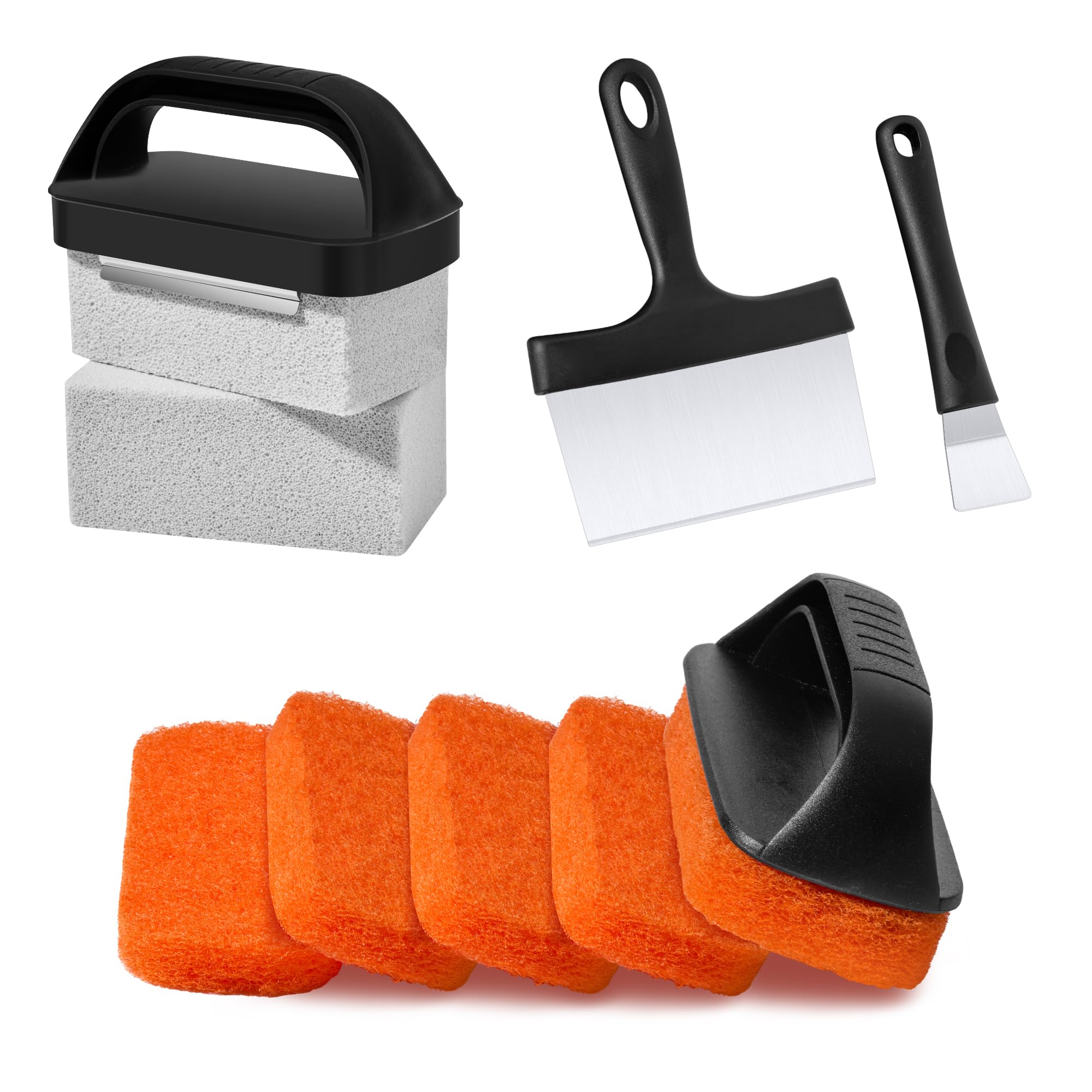 HE-SANQI Griddle Cleaning Kit for Blackstone, Flat Top Grill Cleaning Kit with Griddle Scraper, Grill Brick, Scouring Pads & Ergonomic Handles for Deep Clean Grease, Burnt Residue (11 PCS)