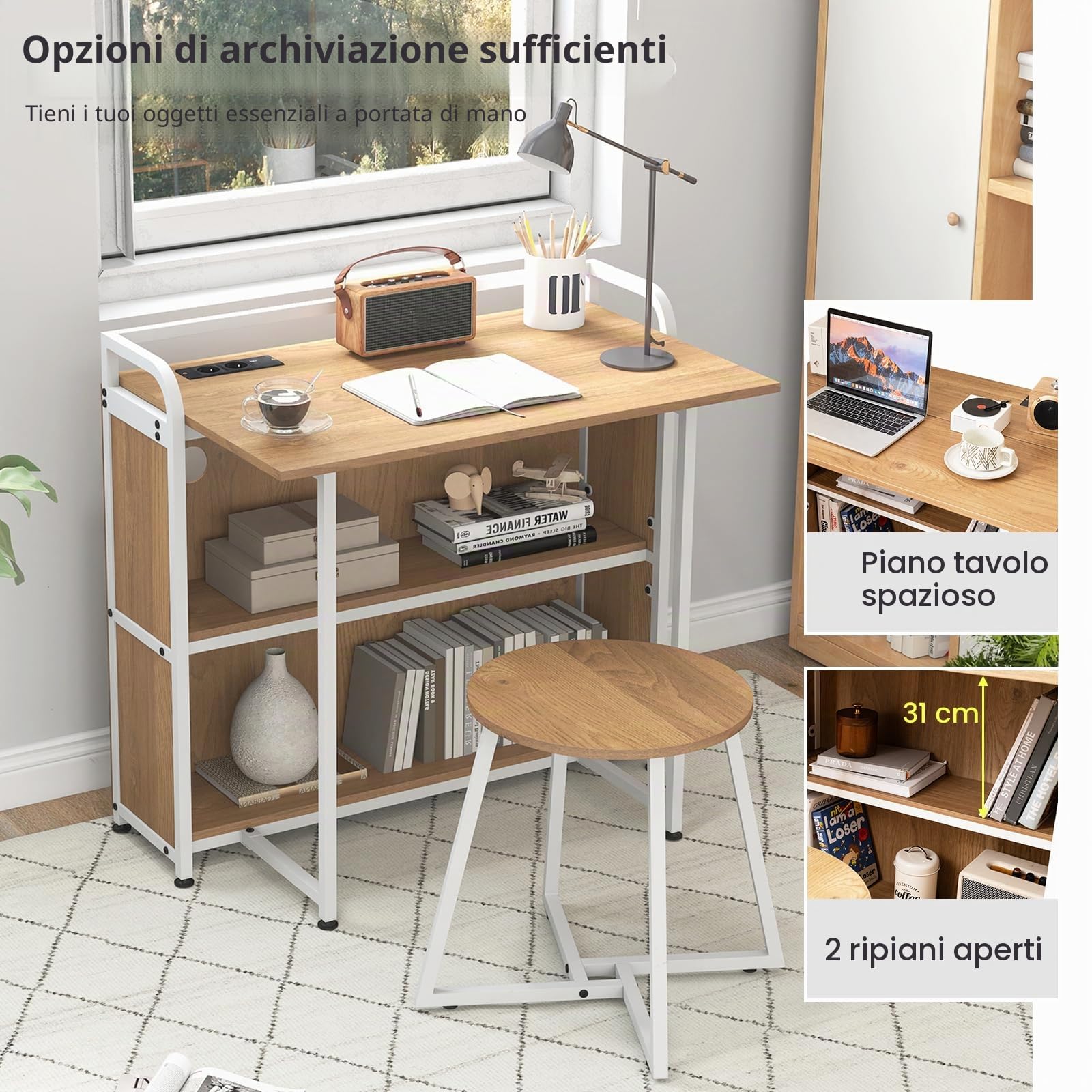 LIFEZEAL Scrivania pieghevole con sgabello, scrivania per computer con 2 ripiani, prese, porta USB e tipo C, salvaspazio, tavolo da ufficio per casa, studio (naturale)