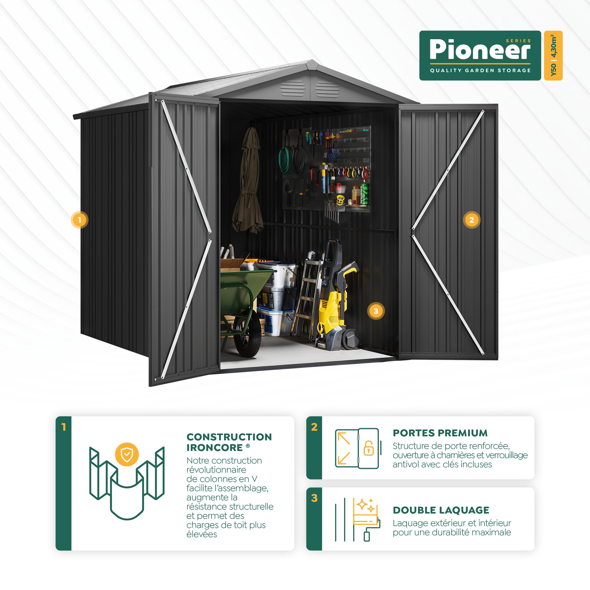 Hoggar - Abri de Jardin métal Pioneer Y50 – Structure autoportante - Portes renforcées - Serrure avec clé Incluse - Piliers en V - Plafond Robuste - Cabane extérieur 168x256x200cm – 4,30m2