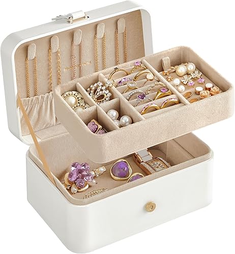 SONGMICS Jewelry Organizer Box, Travel Jewelry Case, 2-Layer Travel Case for Earrings, Necklaces, Bracelets - Portable Jewelry Storage with Large Capacity, Gift Idea, Cloud White UJBC166W01