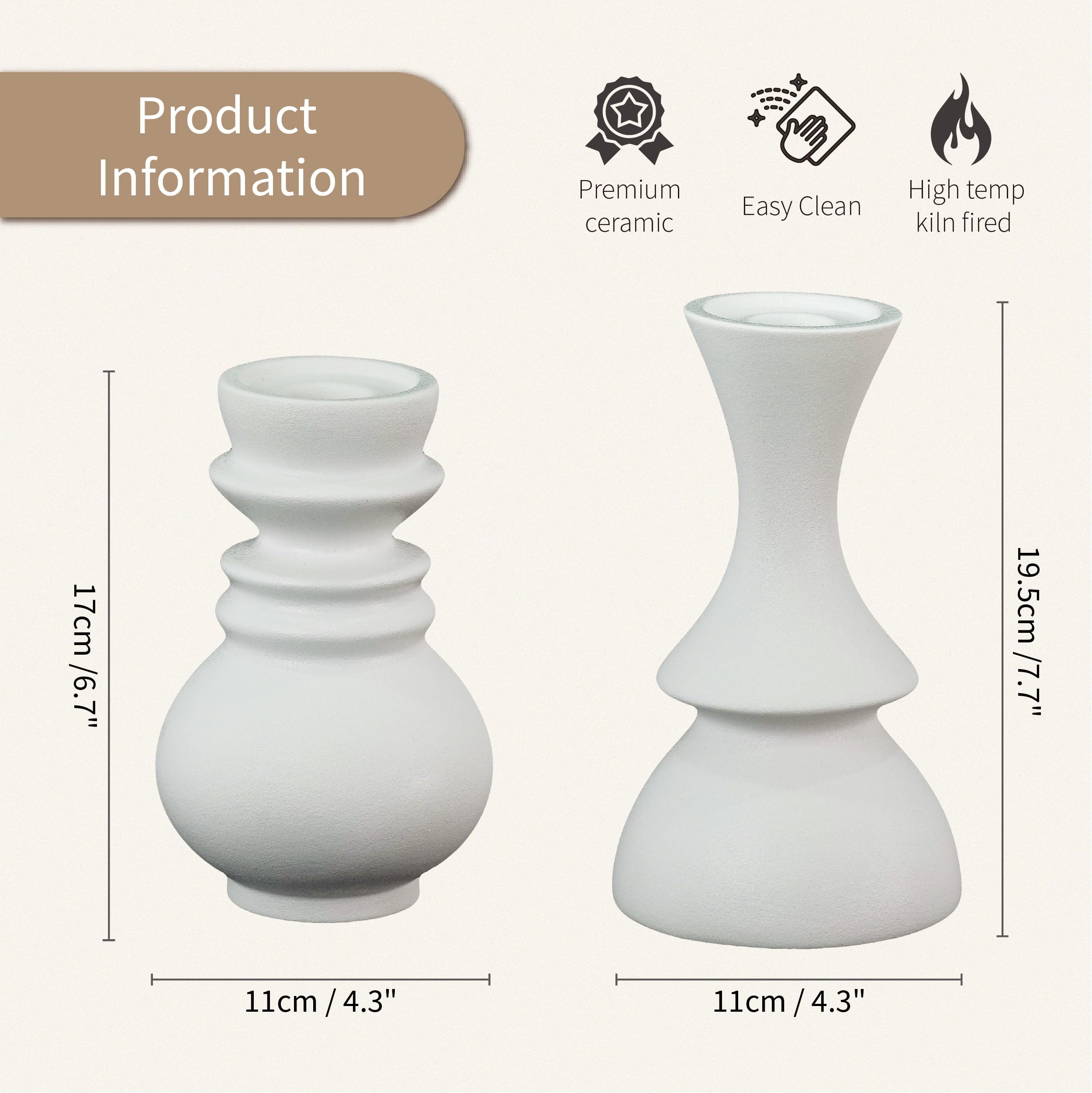 OOSTONEE White Large Candle Holders for Pillar Candles, Ceramic Candlestick Holders Decorative for Modern Home Decor Ideal for Table Centerpieces, Coffee Table or Bookshelf, 7.7inch - Set of 2