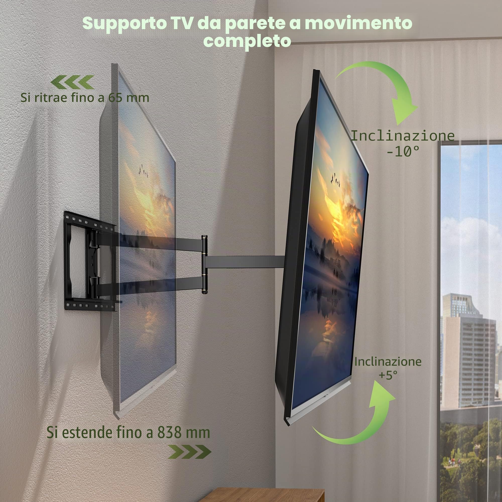 Supporto da Parete per TV da 32 a 75 Pollici, Staffa TV Girevole ed Estensibile con Braccio Articolato da 838mm, Braccio TV Universale Sostiene fino a 45kg Max. VESA 600x400mm