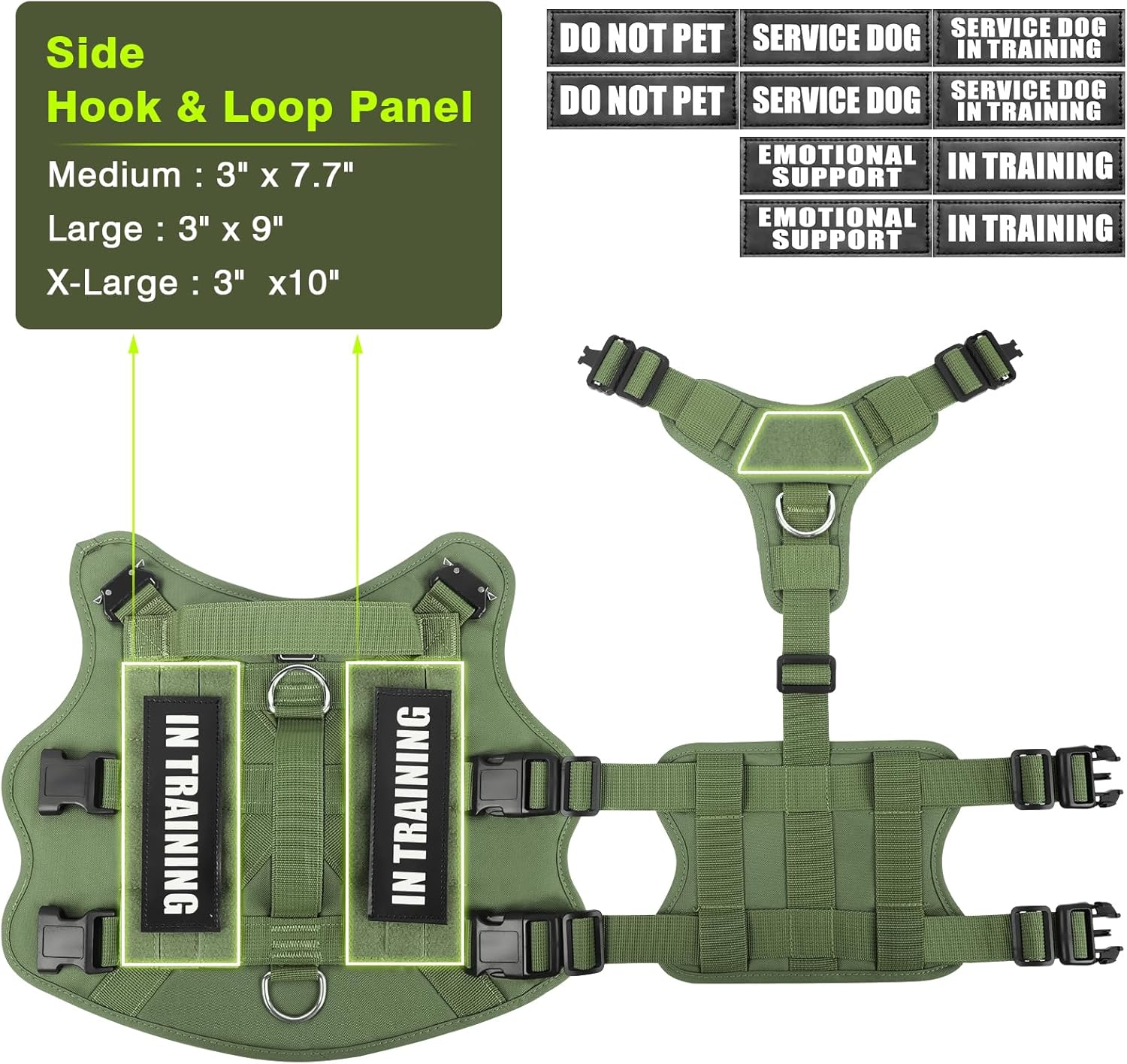 WINSEE Tactical Dog Harness with Dog Leash, Service Working MOLLE Vest with 10 Pet Patches for Dog, No Pull Military Harness and Backpack for Training Hunting Walking
