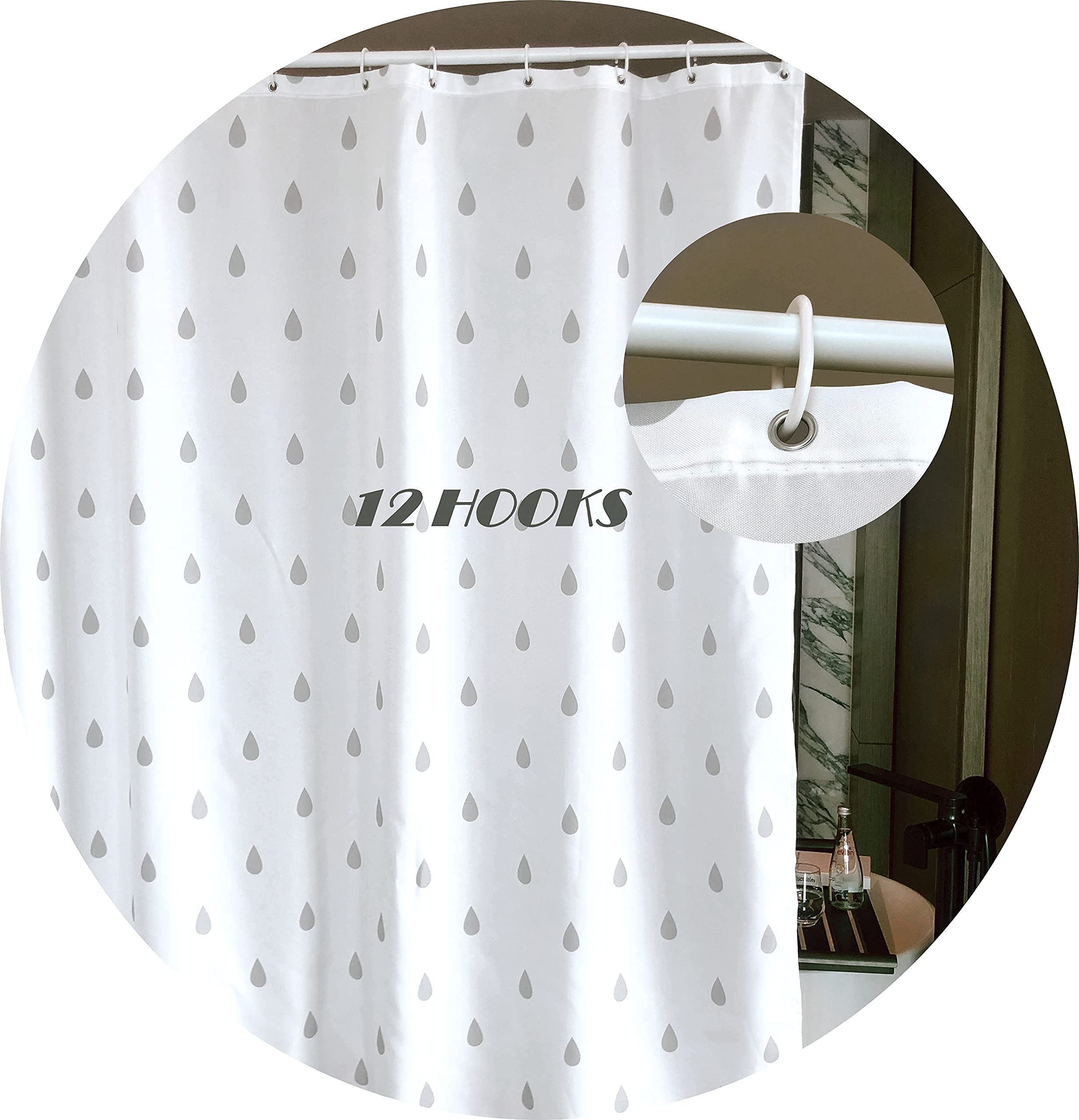 YOUNG DA - Duschvorhang Textil Weiß Grau Regentropfen, Anti-Schimmel Duschvorhang für Badezimmer, Waschbare, Wasserdichter mit 12 Duschvorhängeringen, 180x180 cm