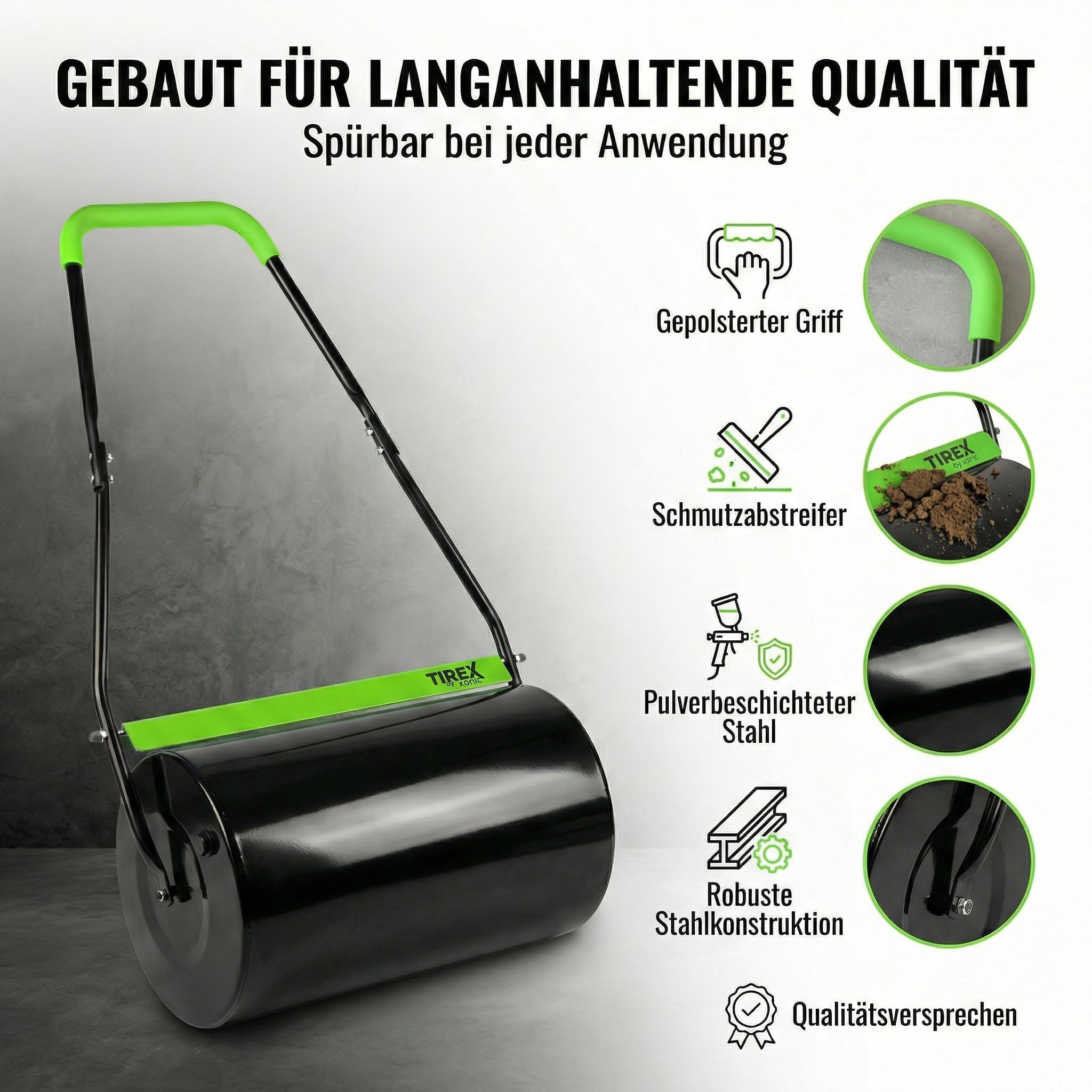 TIREX by xonic® Rasenwalze, Gartenwalze aus Metall, Befüllbar bis 50L, Handwalze für Garten und Rasen (Grün)
