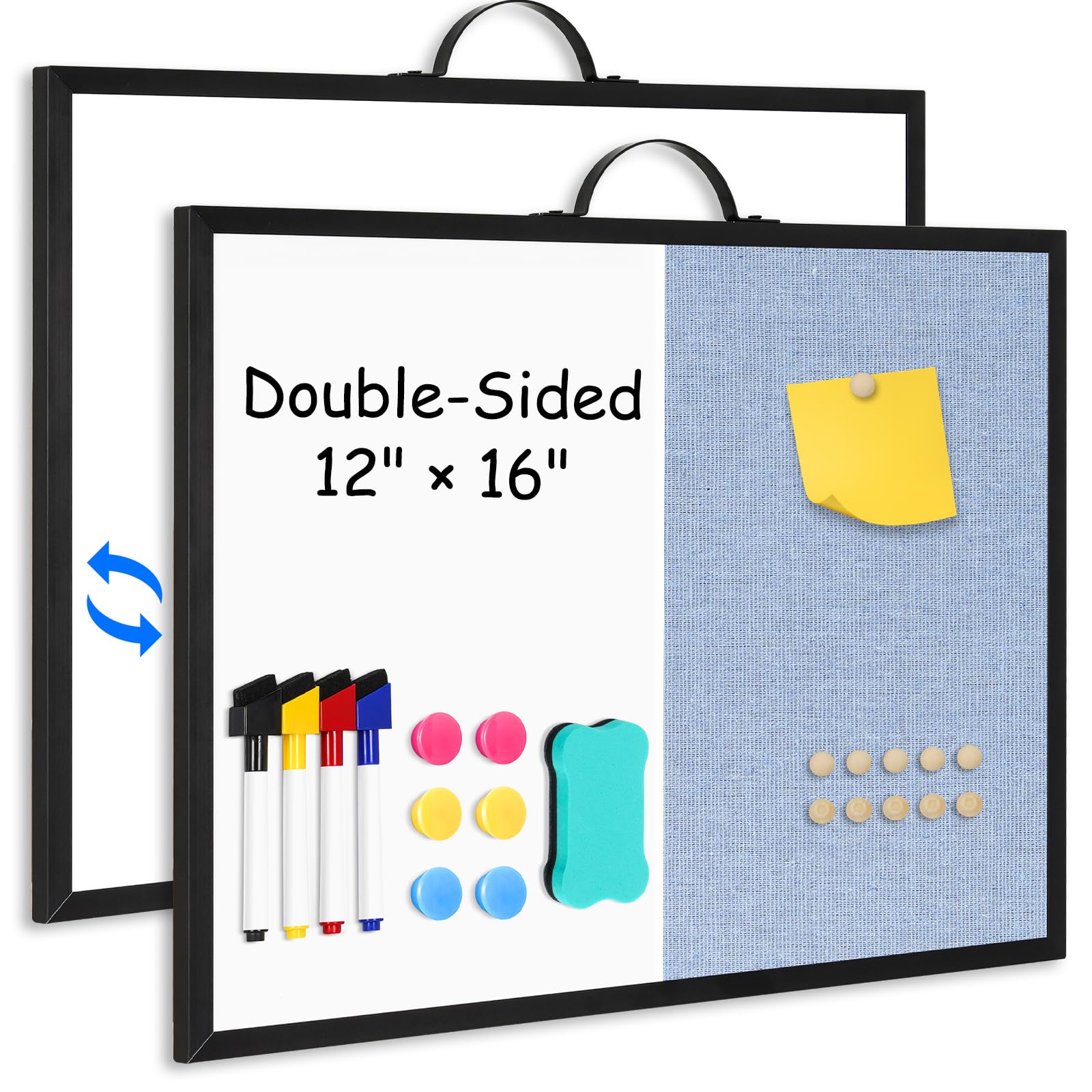 QUEENLINK White Board Linen Bulletin Board Combo, 16"x12", Double-Sided Magnetic Dry Erase Cork Board for Walls, Aluminum Frame Small Pin Board with