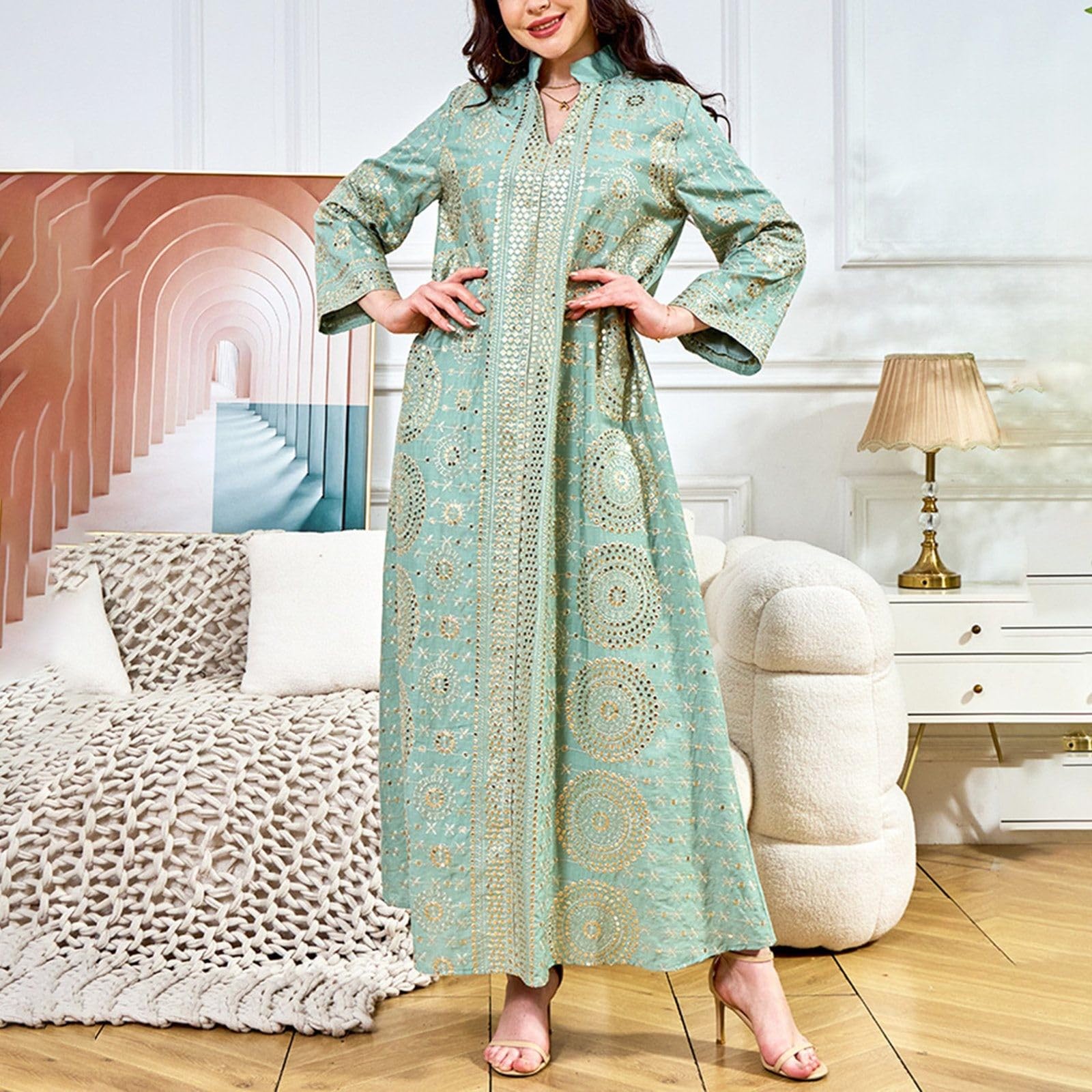 Elegante Abaya Musulmán de Noche con Bordado de Lentejuelas y Manga Larga para Eventos Formales y