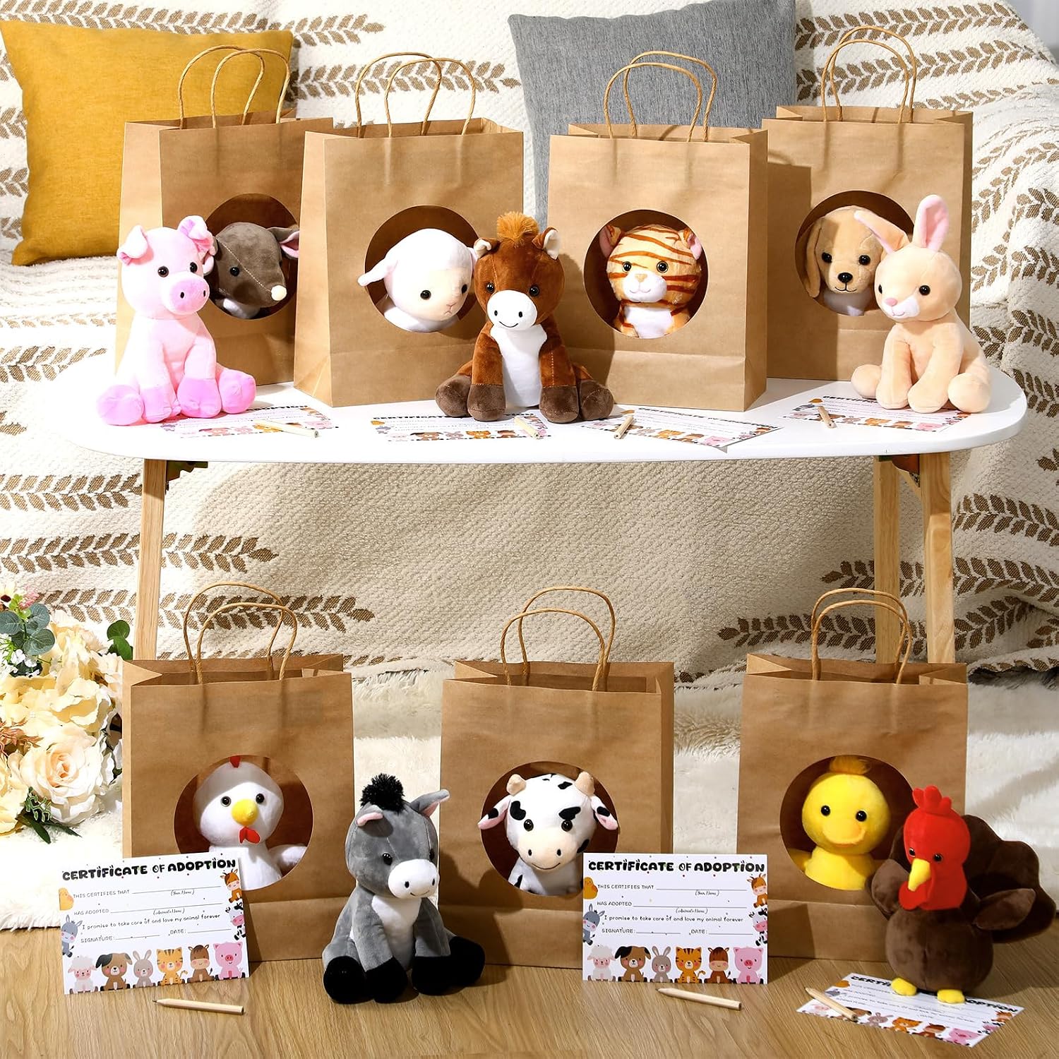 Blueweenly Adopt a Farm Animal Party Favor Kit for Kids, 12 Plush Farm Animals with Adoption Certificates, Gift Bags & Pens, Birthday Party Favors for Classroom, School, Church, Sunday School, VBS