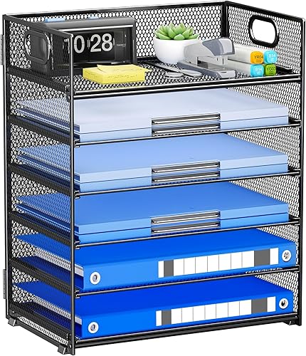 Miniatura 18 de Bandeja organizadora de papel con asa, organizador de escritorio apilable negro de 5 niveles con malla de metal, bandeja de papel resistente para