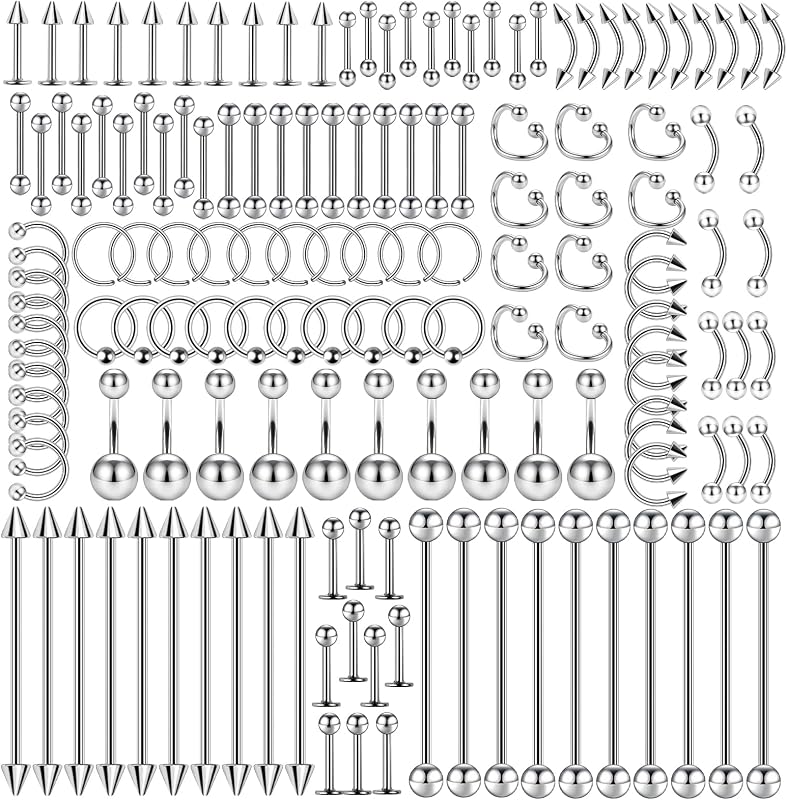 ONESING 150Pcs Stainless Steel Piercing Kit 14G/16G/20G Hypoallergenic Spetum Lip Nose Tongue Tragus Cartilage Daith Eeybrow Belly Button Rings Piercing Jewelry Set for Women Men