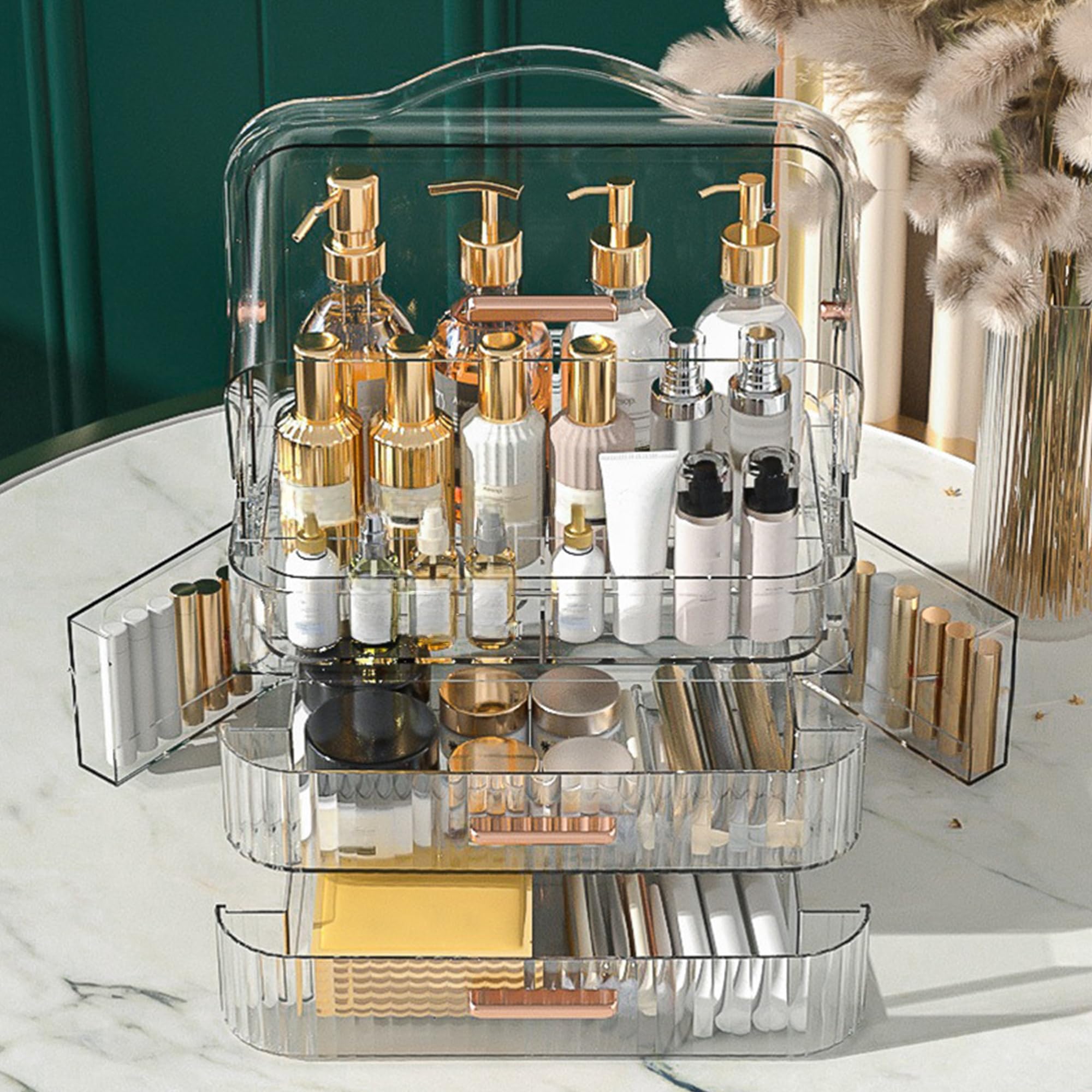 Porta Trucchi Organizer Trucco con Maniglie Skincare Organizer Bagno con Cassetti Grande Capacità Makeup Contenitore Elegante Organizzatori Cosmetici adatti a Camera da Letto Toletta