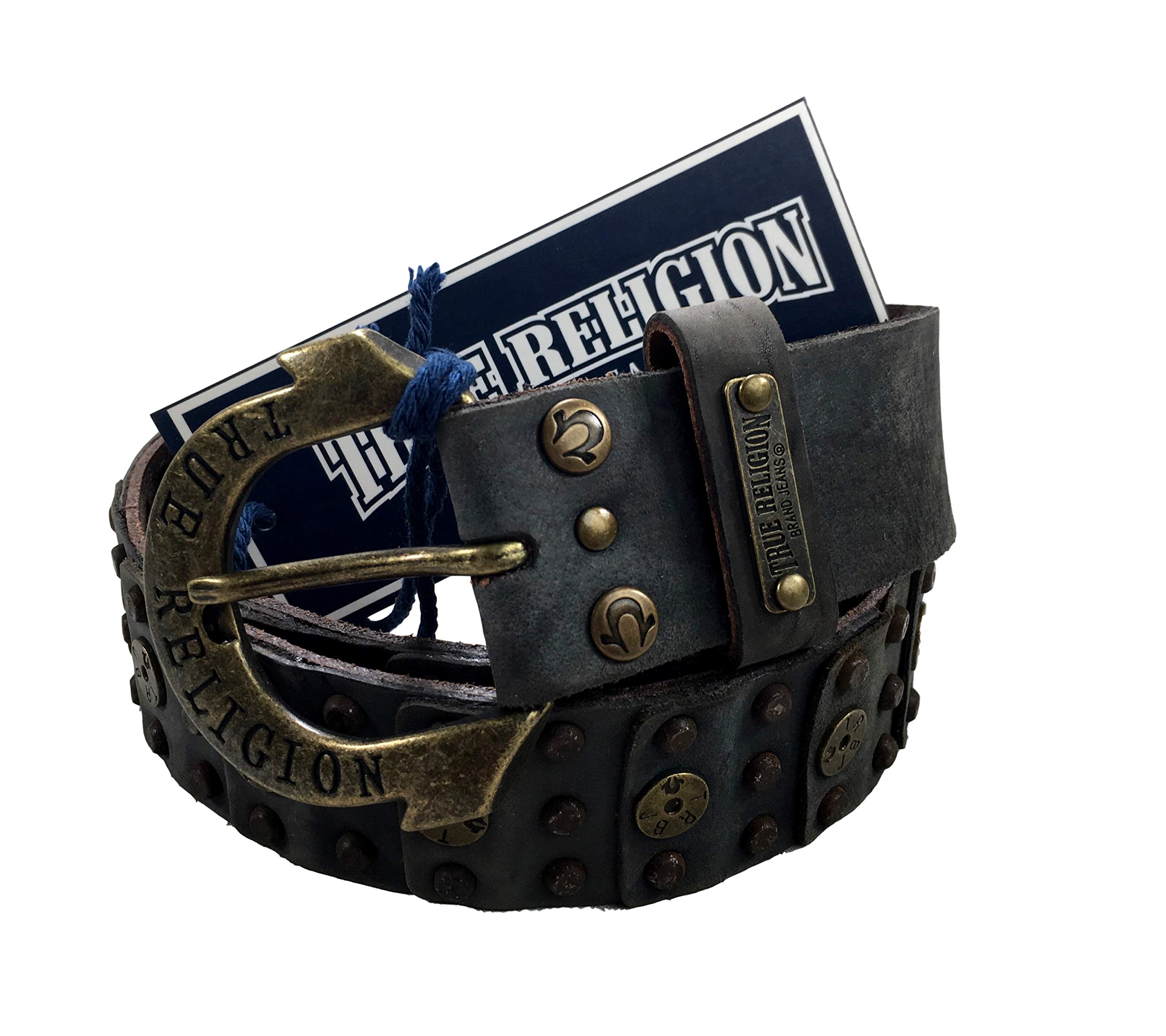 Womens True Religion Jeans Belt Leather Vintage Black Studded Hardware Logo Horseshoe Buckle