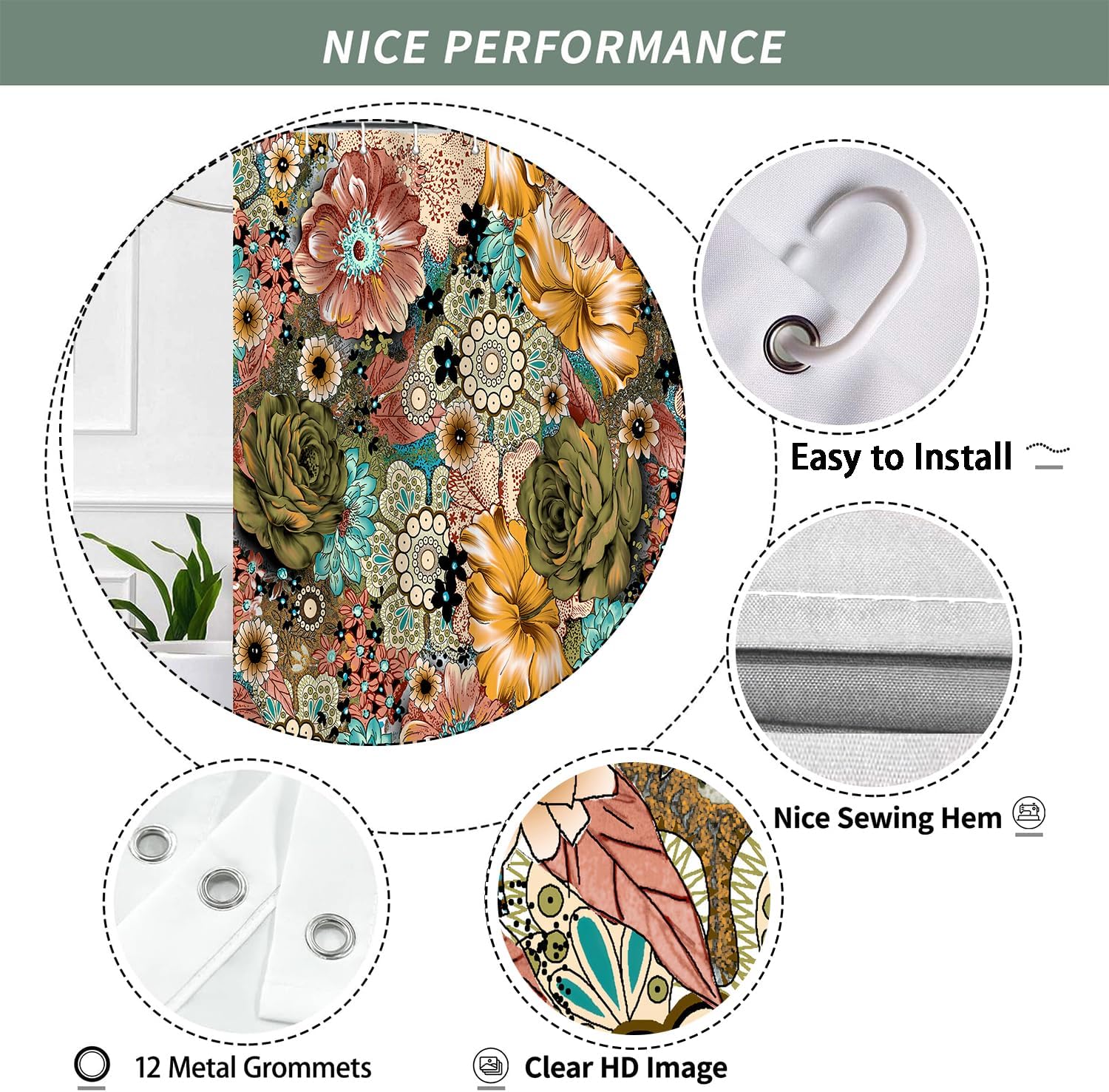 Boho Floral Shower Curtain for Bathroom Decor, Plant Flower Colorful Rustic Farmhouse Botanical Aesthetic Art Shower Curtains Set, Fabric Durable Waterproof with 12 Hooks,72x72 Inch