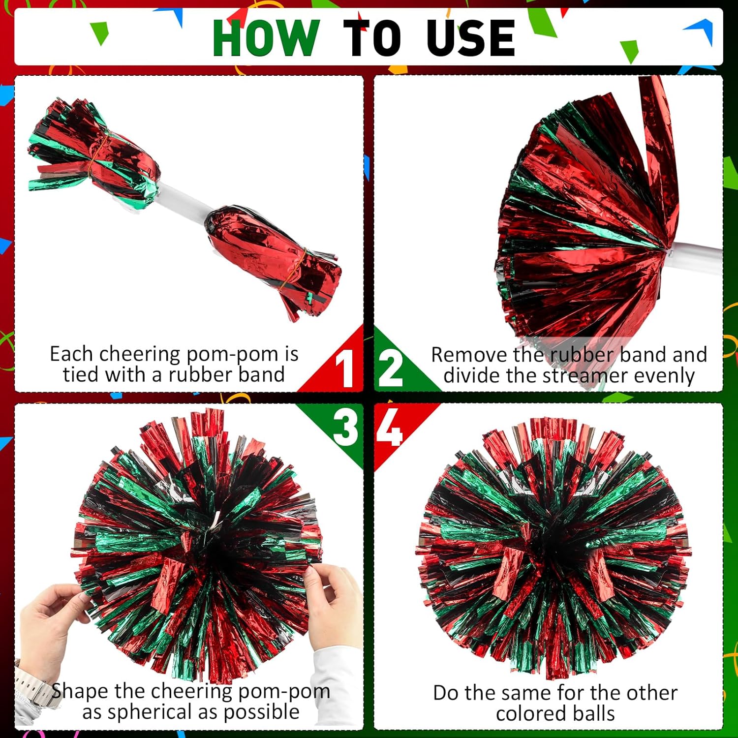 Yunsailing 24 Pack Cheerleading Pom Poms with Baton Handle 14.5 Inch Metallic Cheering Squad Pompoms for Team Sports Football Dance Cheering Adults (Red,Green and Black)